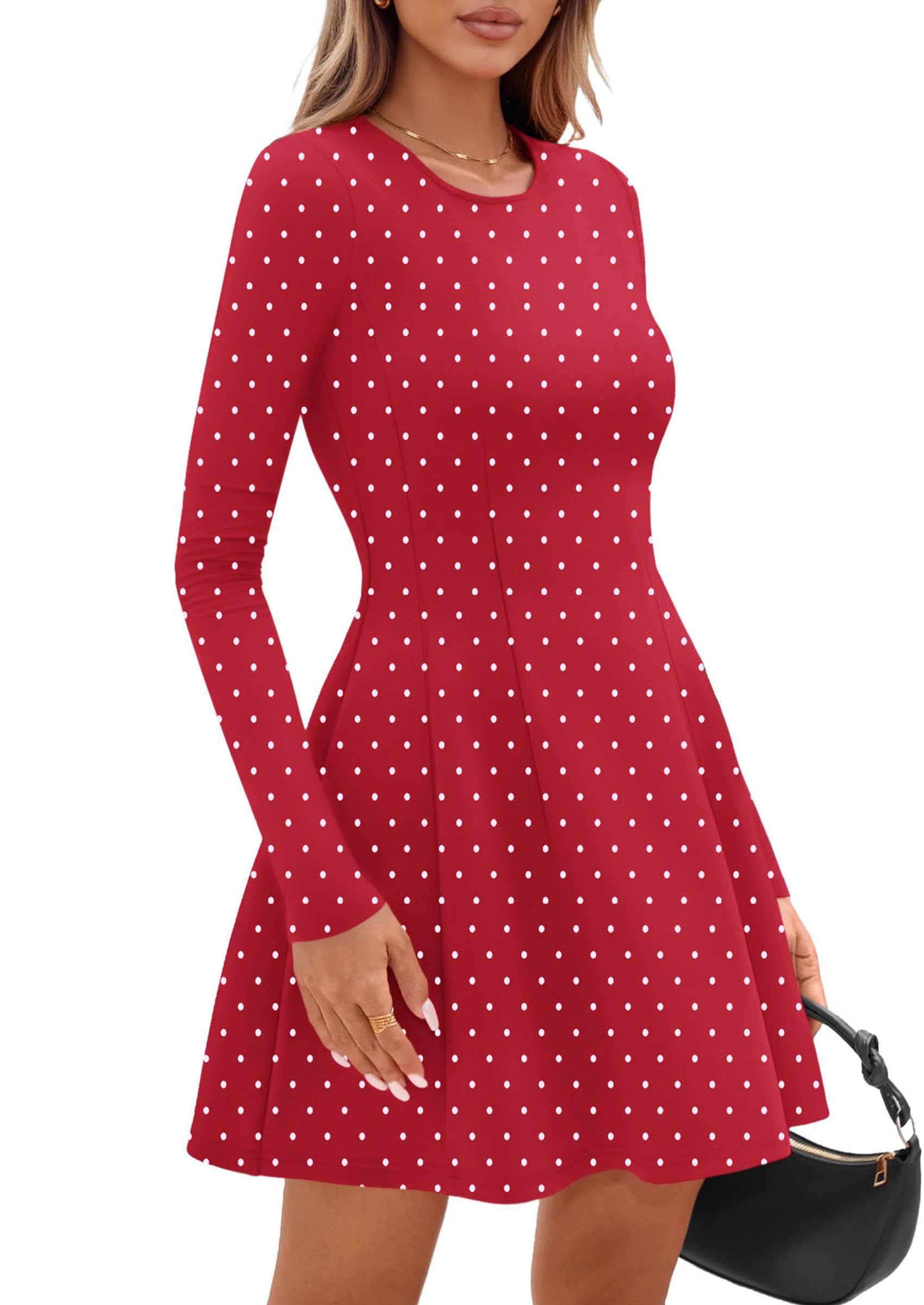 Womens Long Sleeve Pleated Mini Dress,Dot Red White,XS