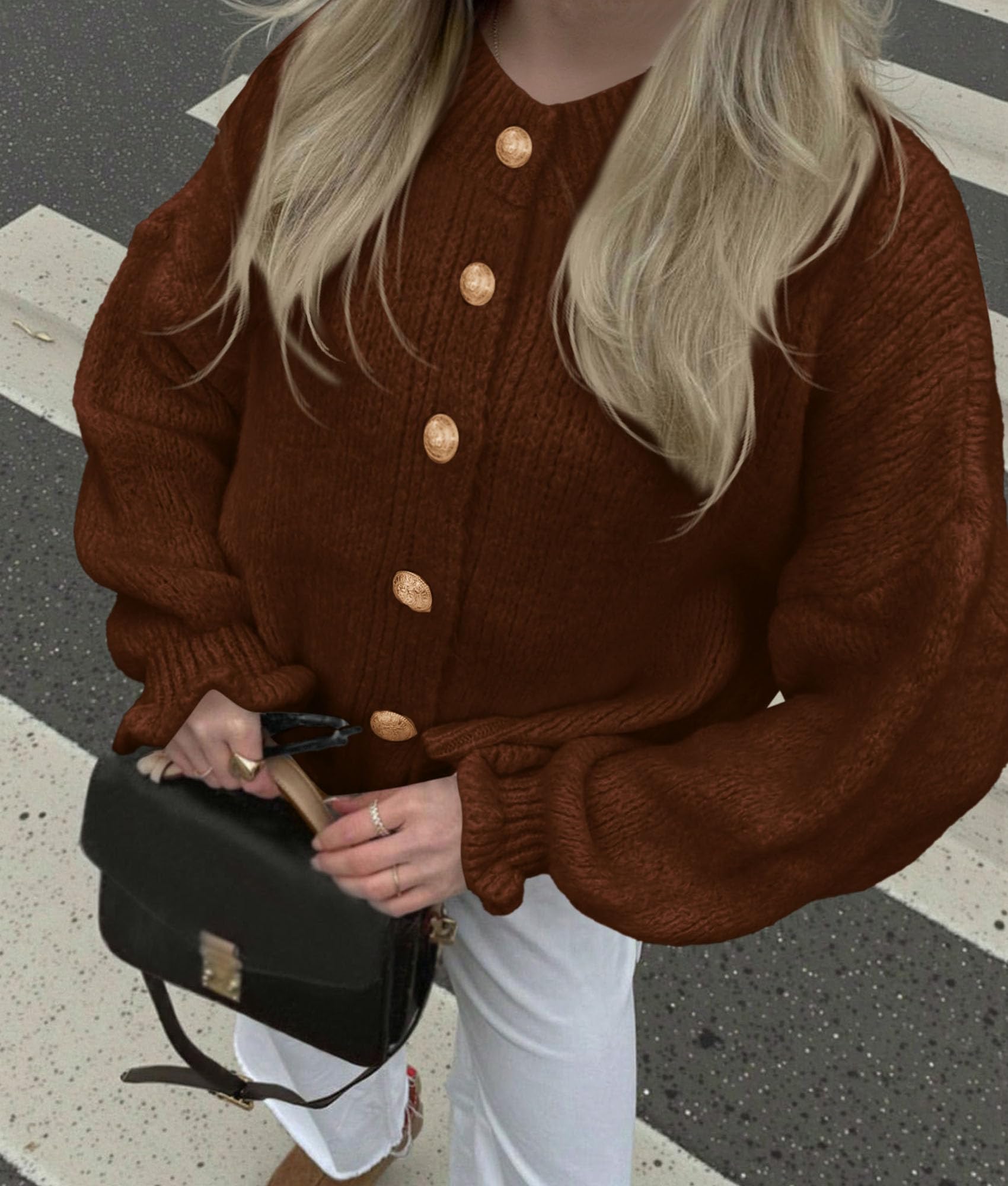 Womens Long Sleeve Chunky Knit Cardigan Sweaters,Brown,S