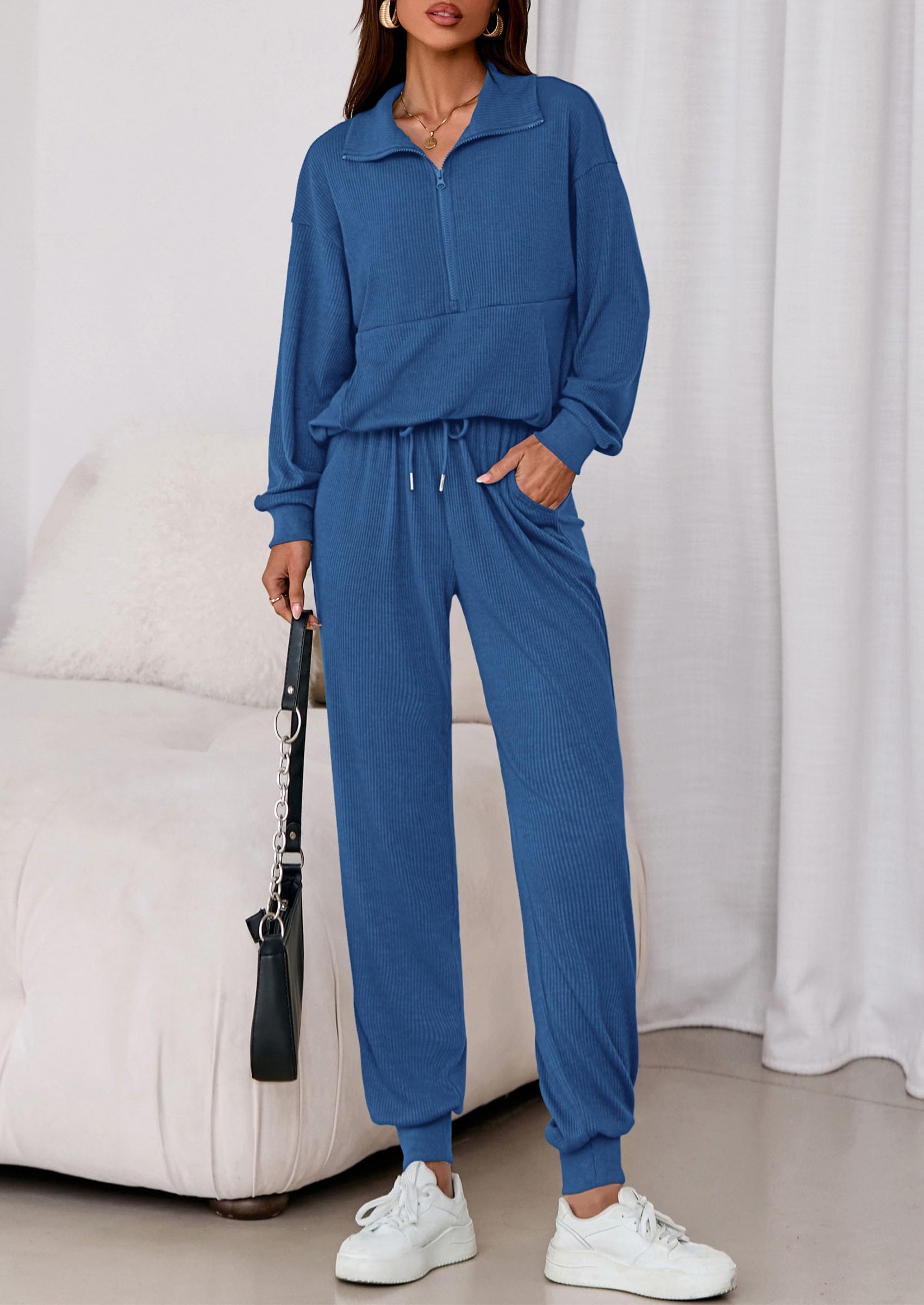 Airport Travel Outfit Women Ribbed Knit Matching Lounge Sets