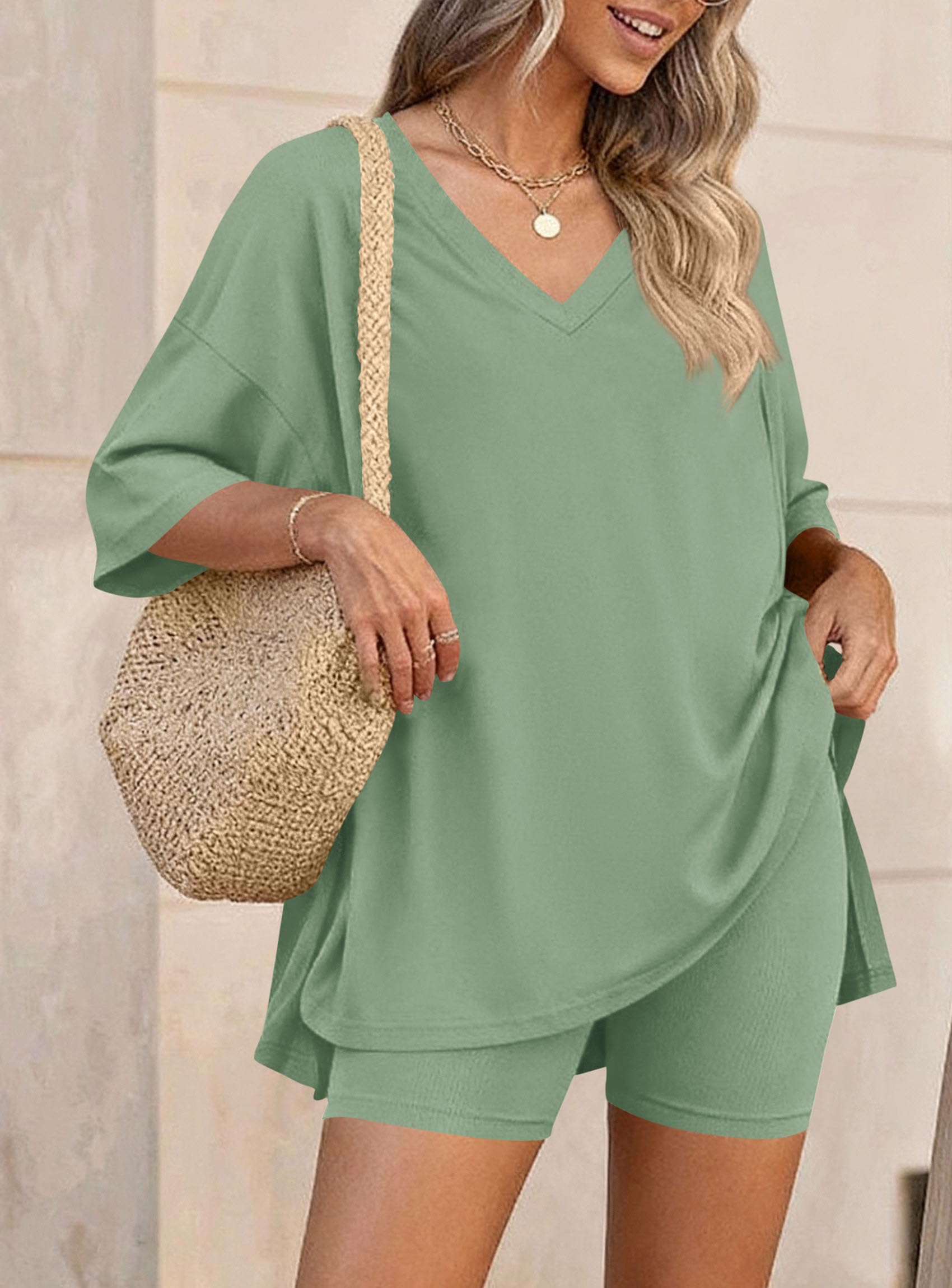Womens 2 Piece Outfit Lounge Short Sets,Bean Green,S