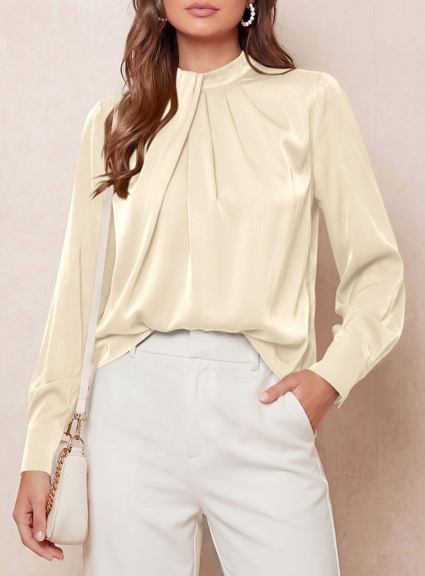 Satin Blouses for Women Dressy Casual Long Sleeve Shirts Beige