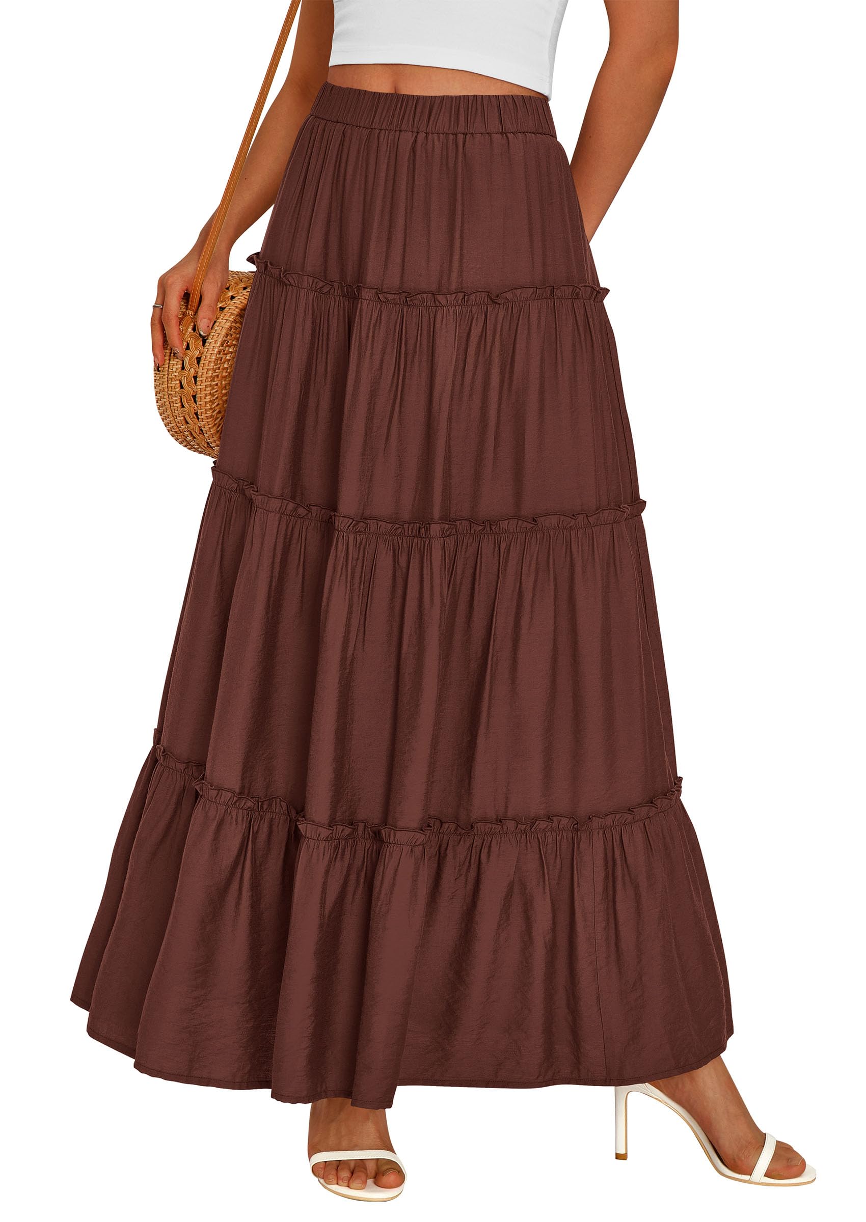 Women's Boho Tiered Ruffle Flowy Maxi Skirt, Brown,S