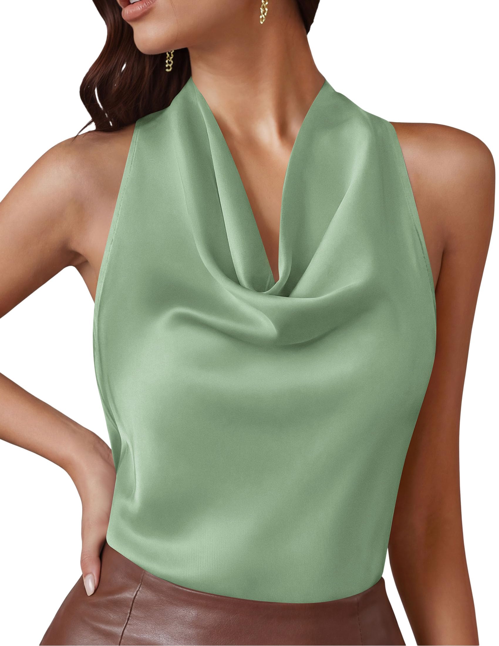 Satin Halter Tops for Women Dressy Casual Light Green,XS