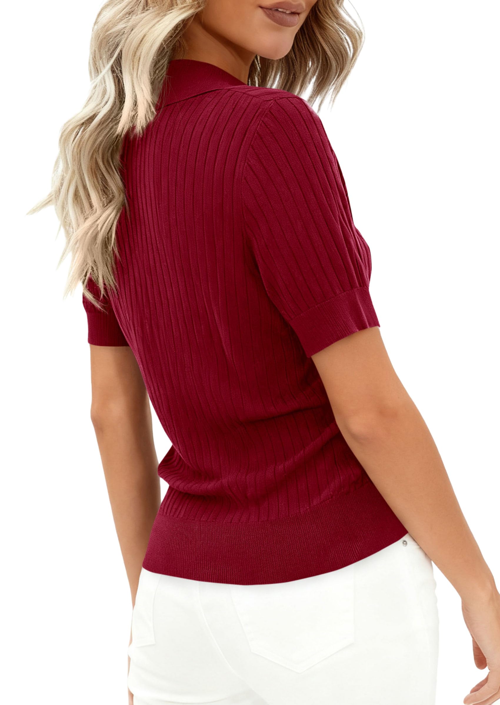 Women's Short Sleeve Sweater Polo Shirts,Burgundy,XS