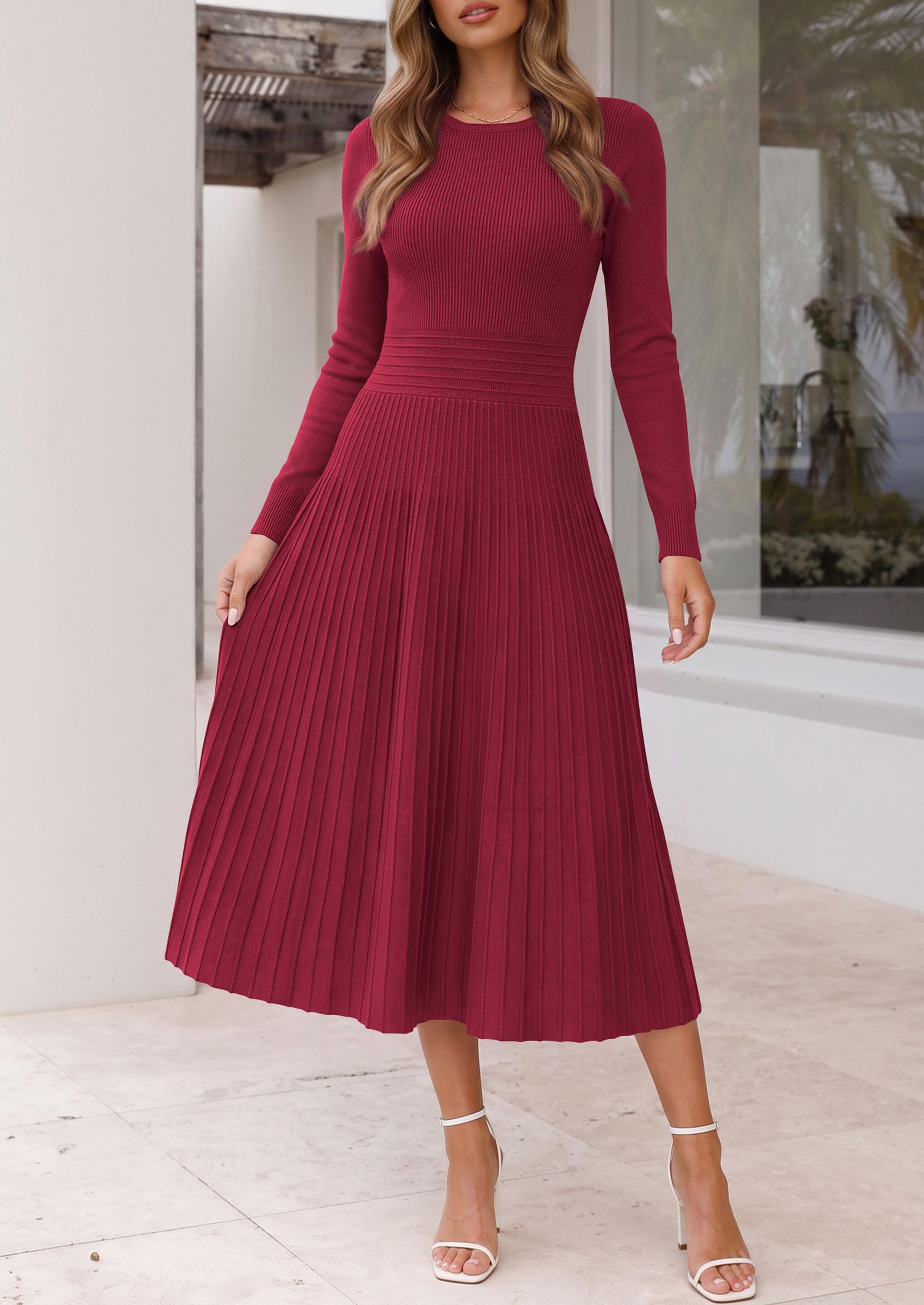 Women's Long Sleeve Knit Maxi Sweater Dress,Burgundy,S