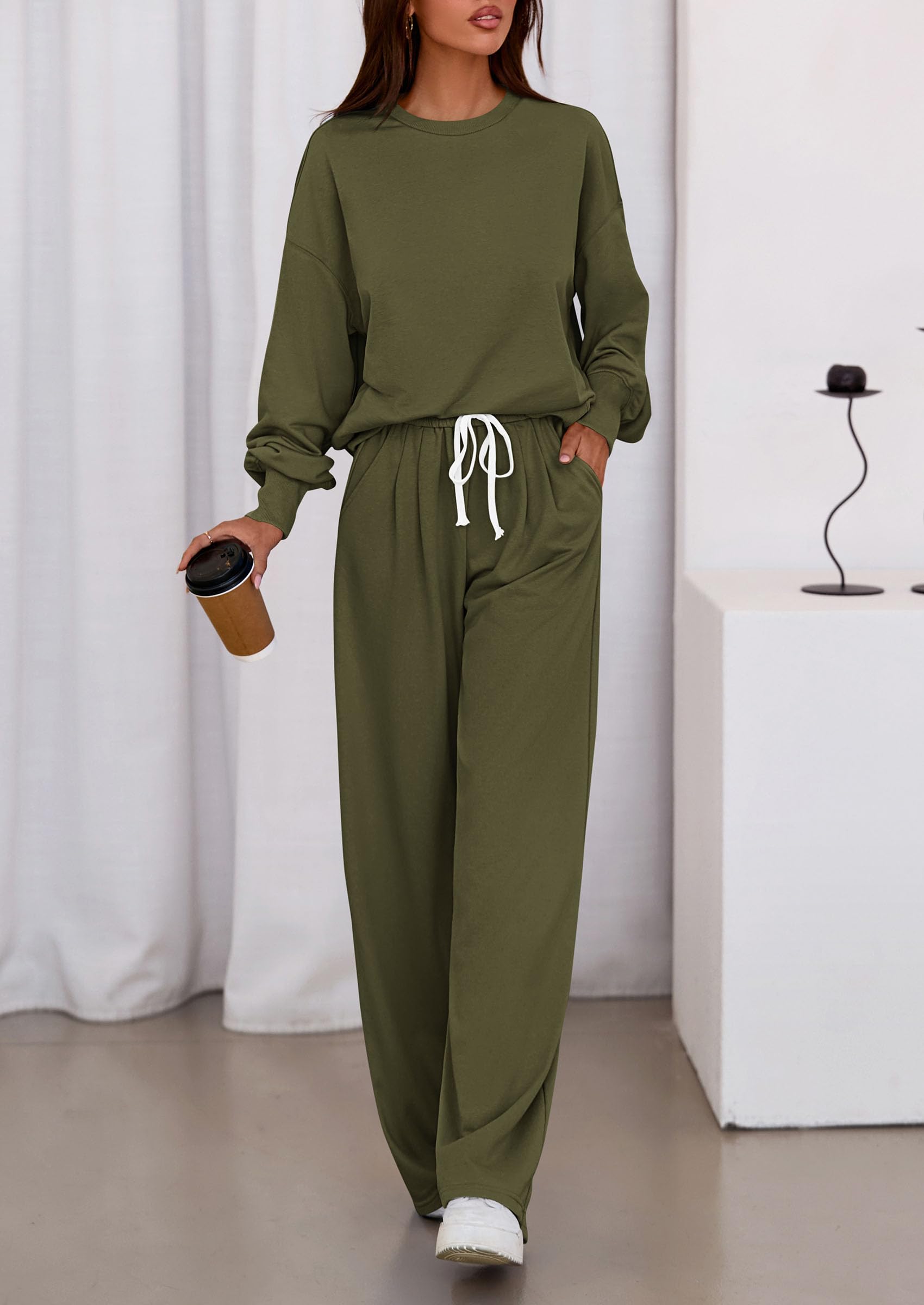 Womens Loose Fit Casual 2 Piece Lounge Set,Army Green,M