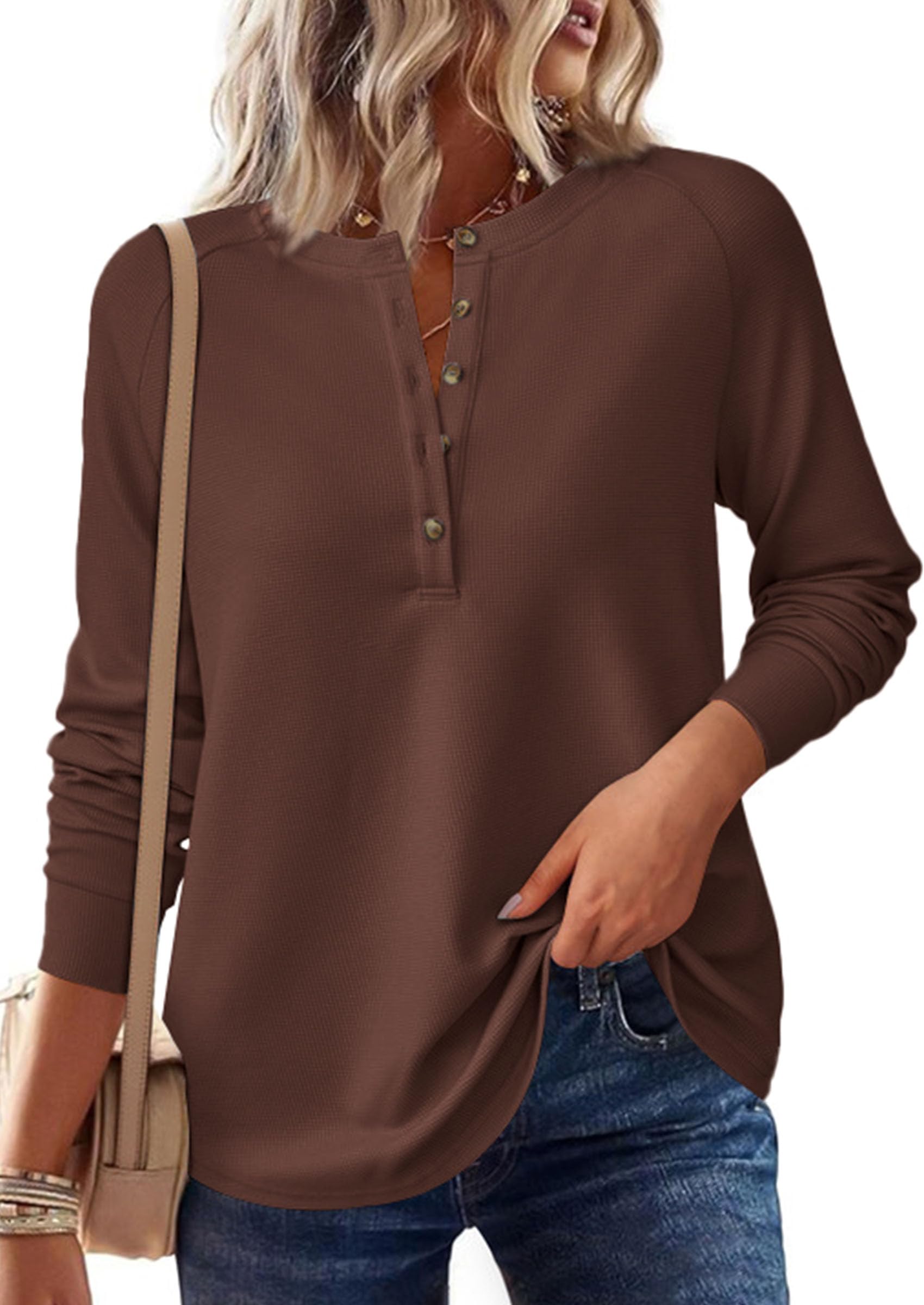 Women's Long Sleeve Waffle Knit Henley Shirts Loose Tunic Tops