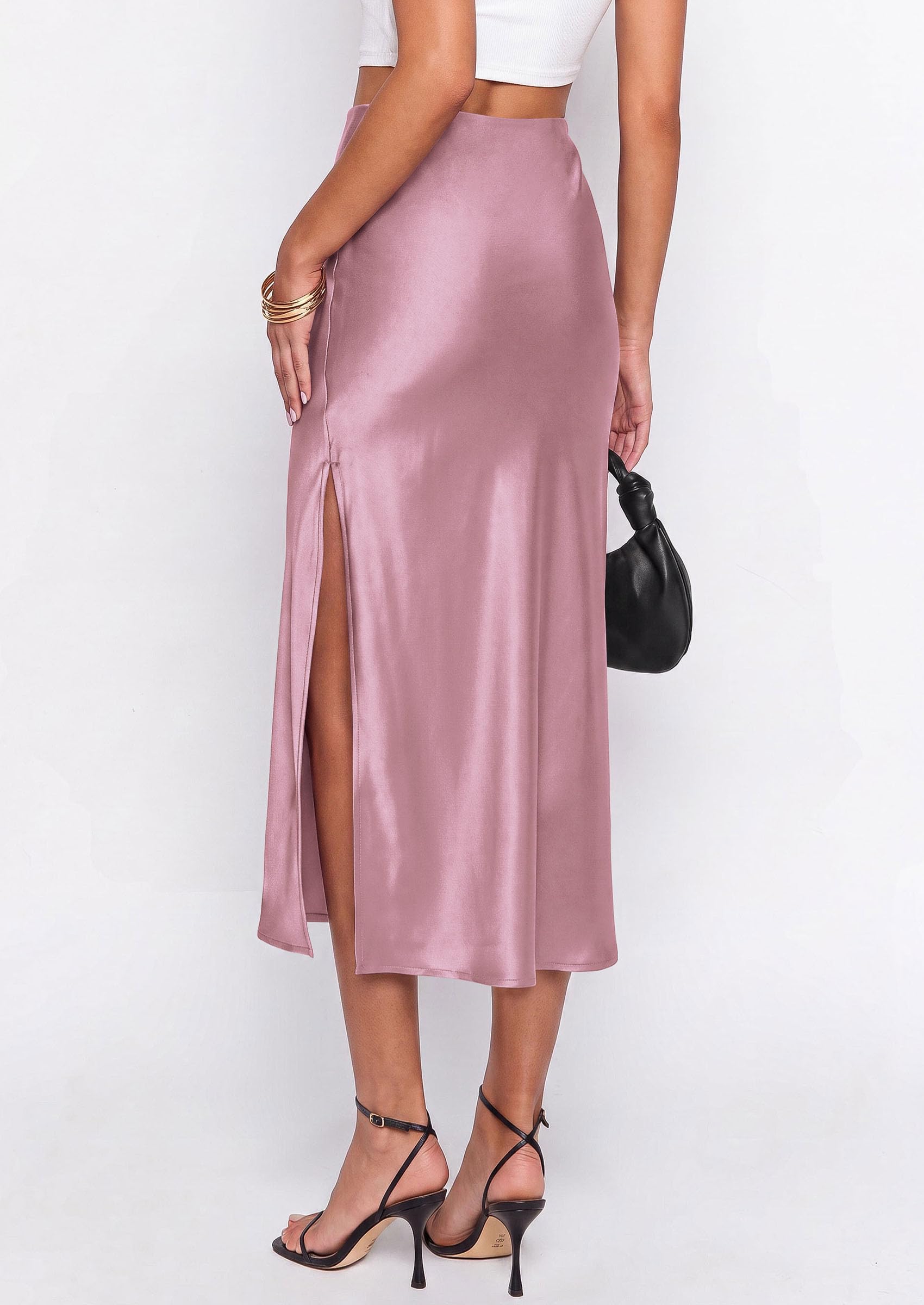 Womens Satin Skirt Silk Slip Midi Work Skirts, Pink, S