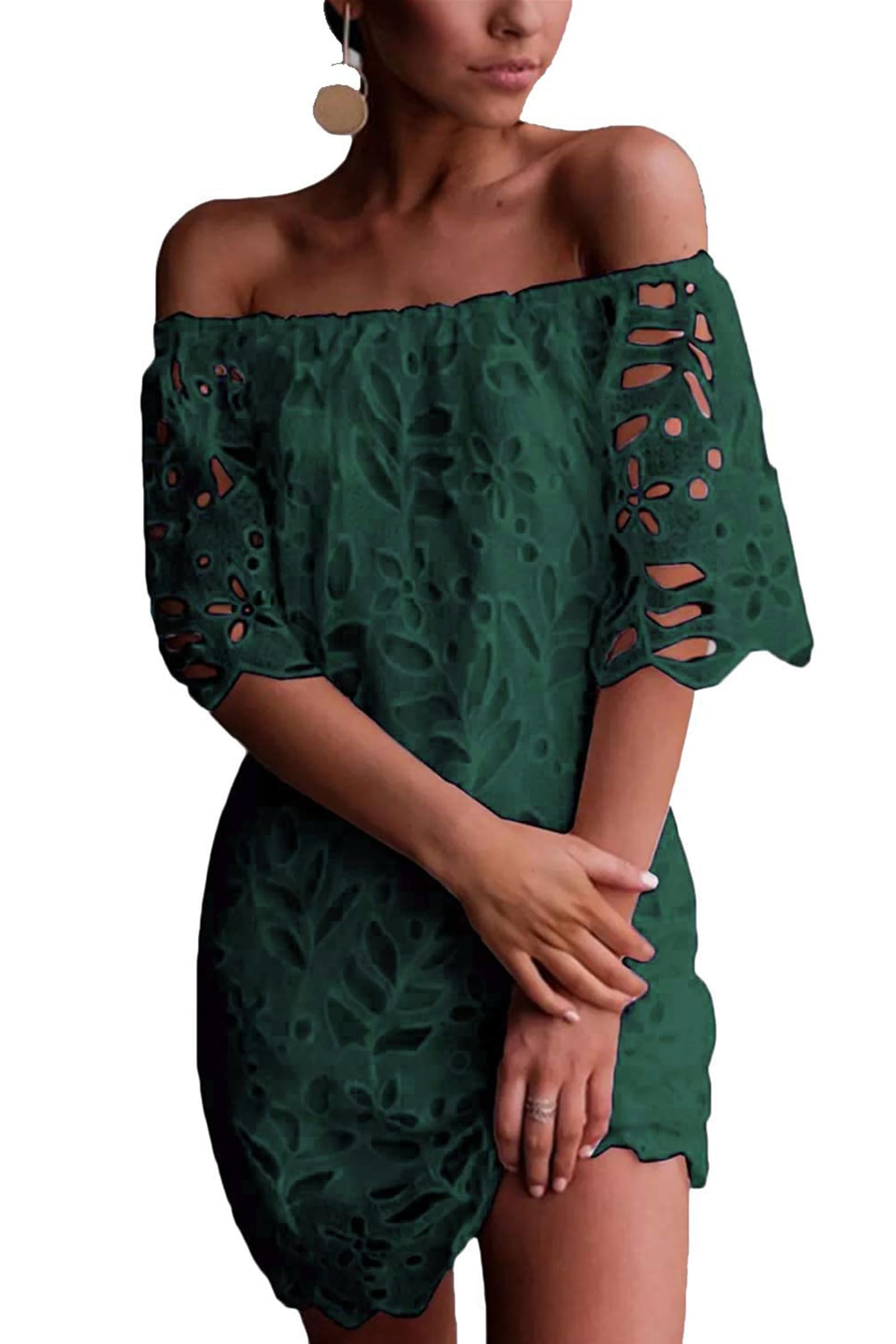 Women's Boho Off the Shoulder Lace Mini Dress, Green,S