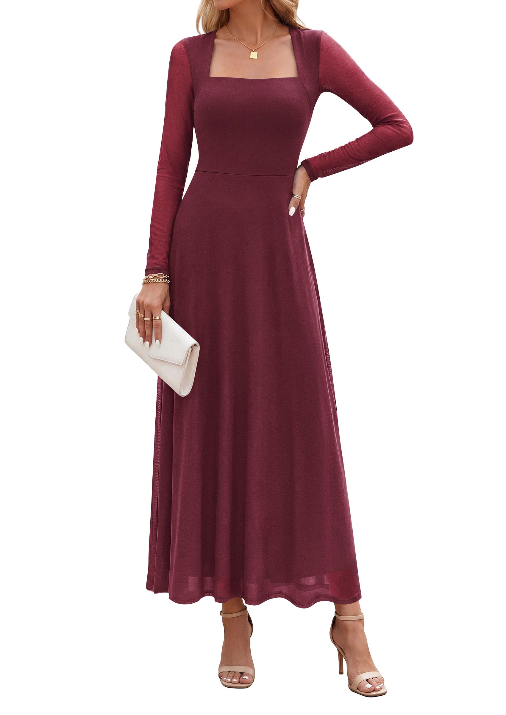 Women's Flowy Maxi Mesh Fall Cocktail Wedding Guest Dresses