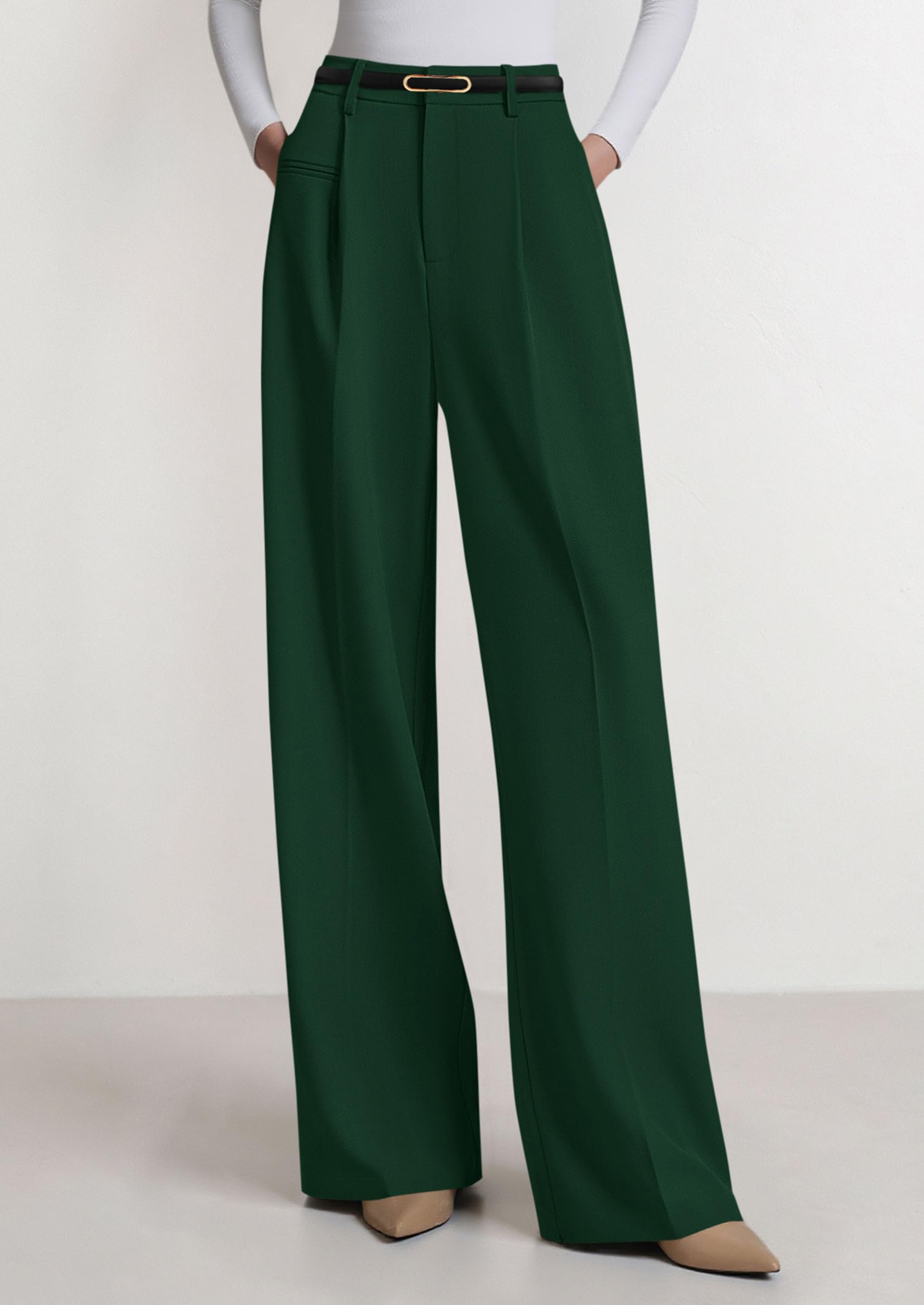 Women's Tailored Wide Leg Work Dress Pants,Dark Green,S