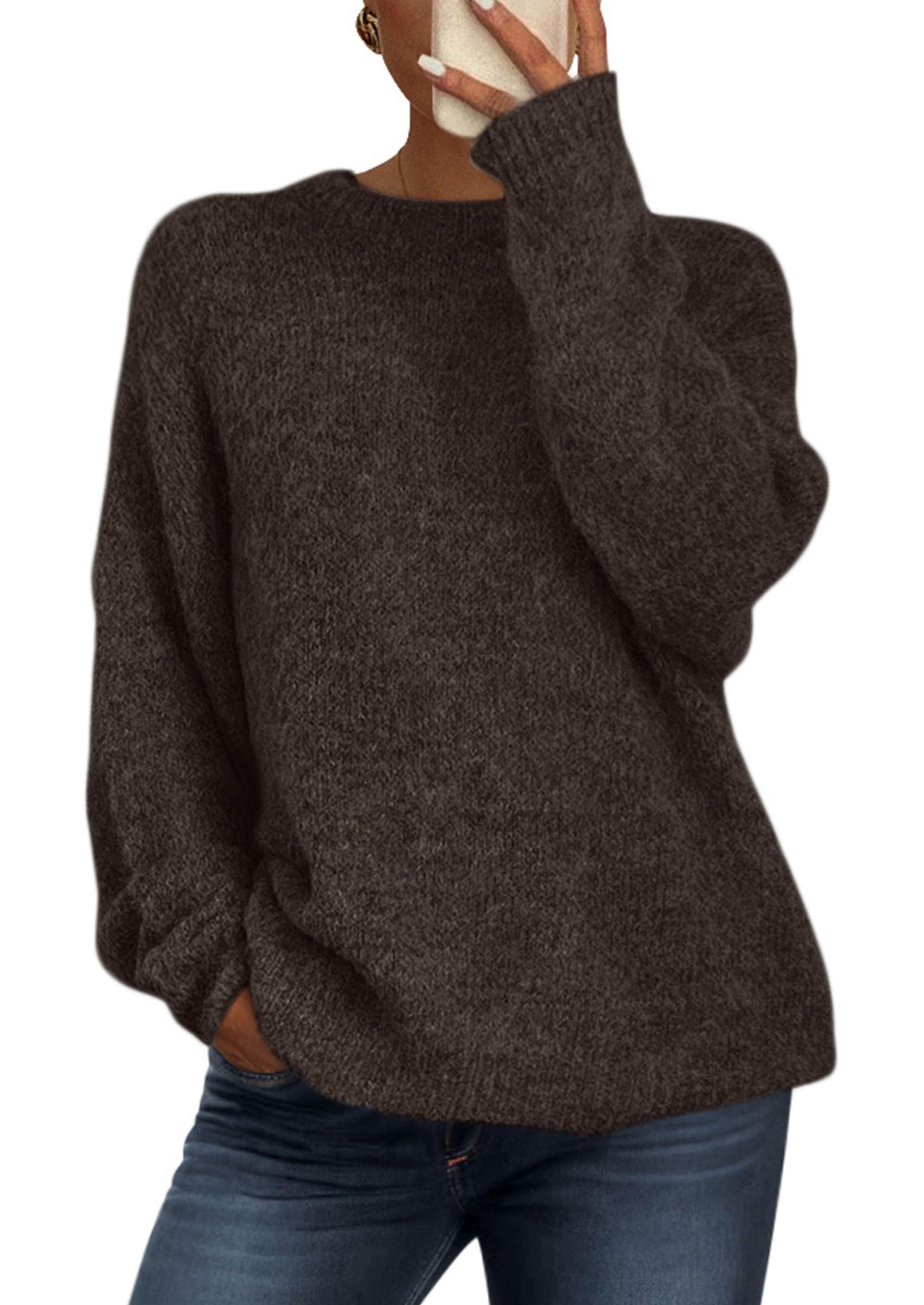 Womens Long Sleeve Oversized Pullover Sweater,Brown Coffee,M