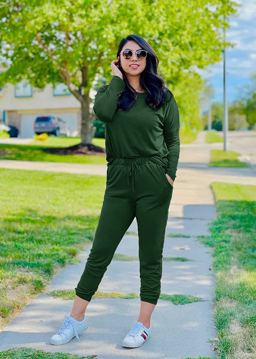 Travel Outfit Women 2 Piece Lounge Sets, Dark Green,S