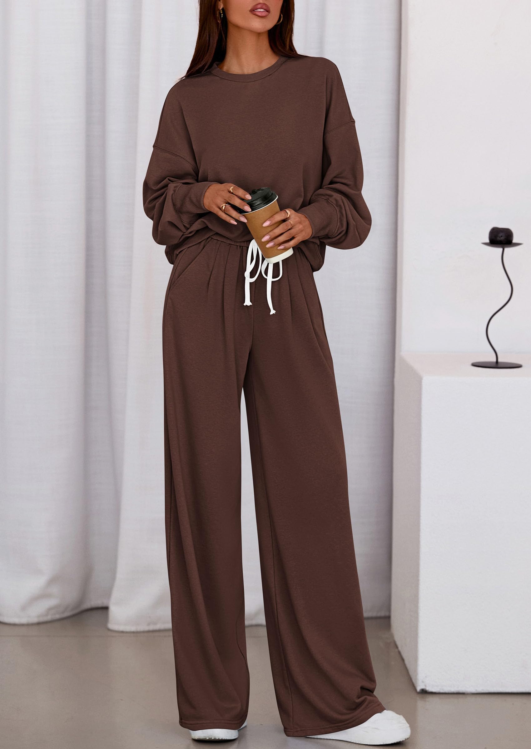 Womens Loose Fit Casual 2 Piece Lounge Set,Brown,S