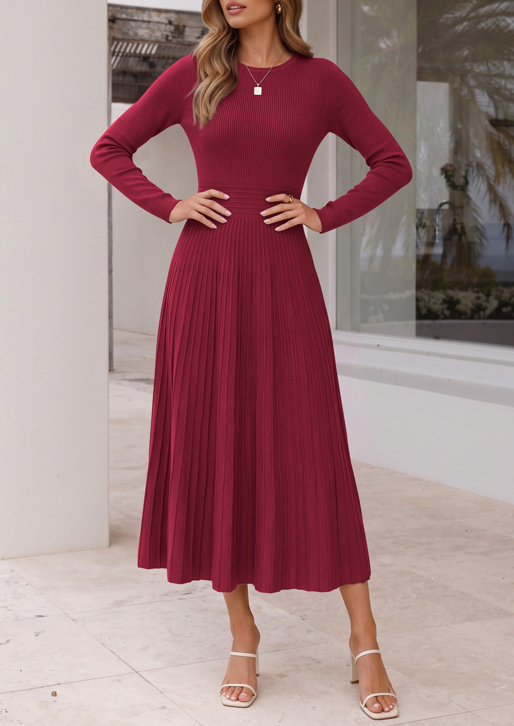 Women's Long Sleeve Knit Maxi Sweater Dress,Burgundy,S