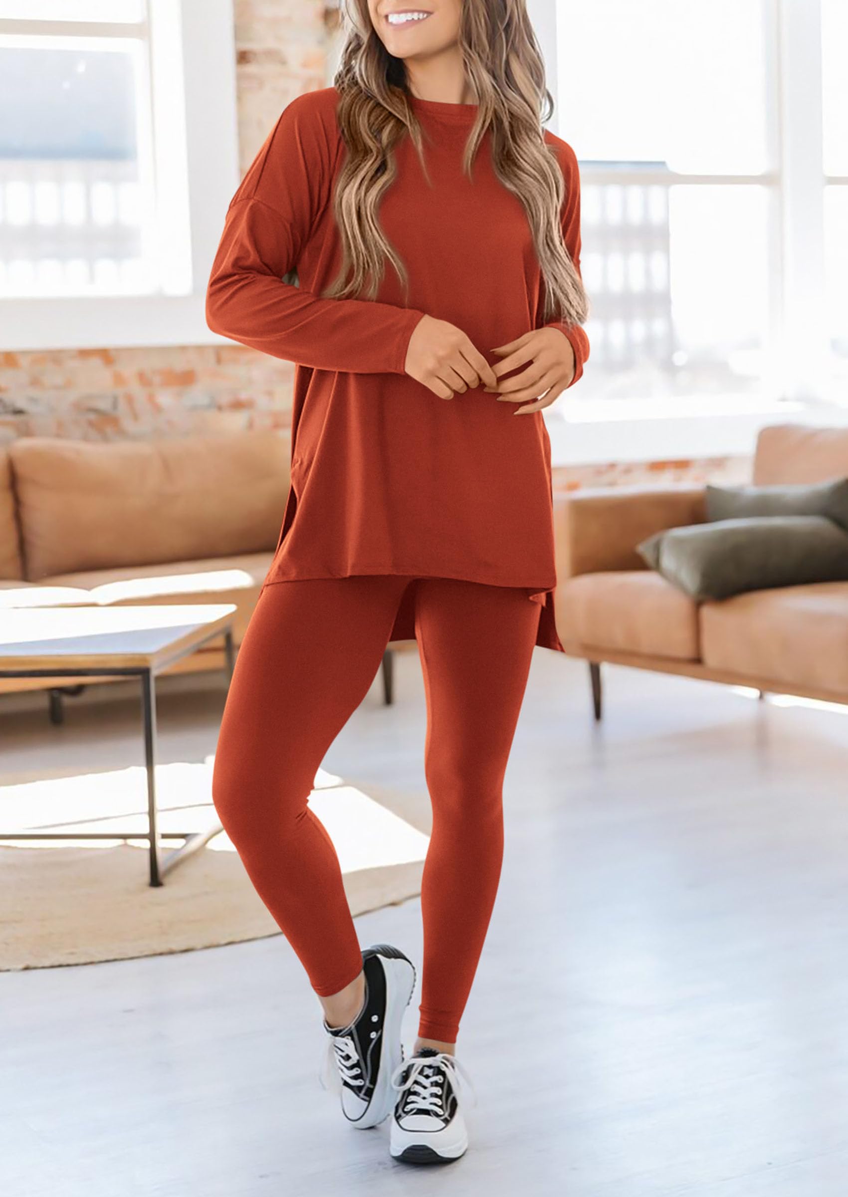 Women's 2 Piece Outfits Matching Lounge Sets,Brick Red,S