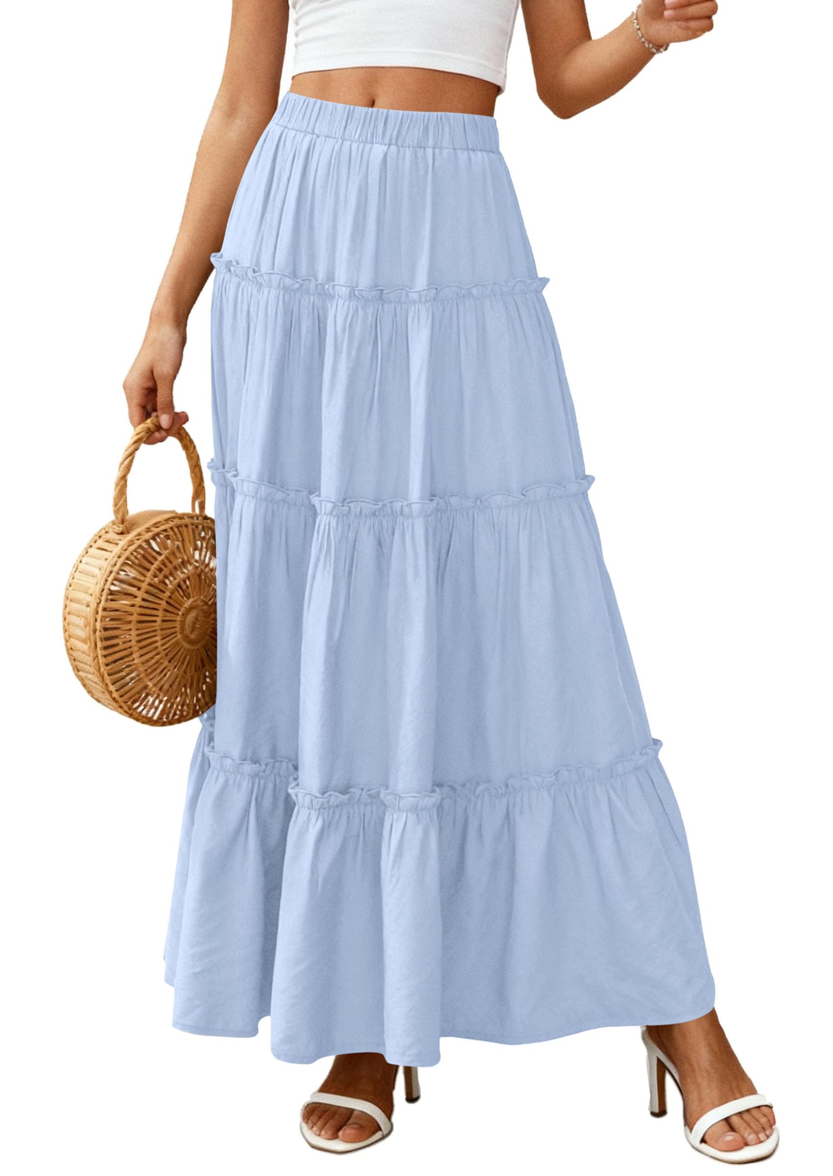 Women's Boho Tiered Ruffle Flowy Maxi Skirt, Sky Blue,S