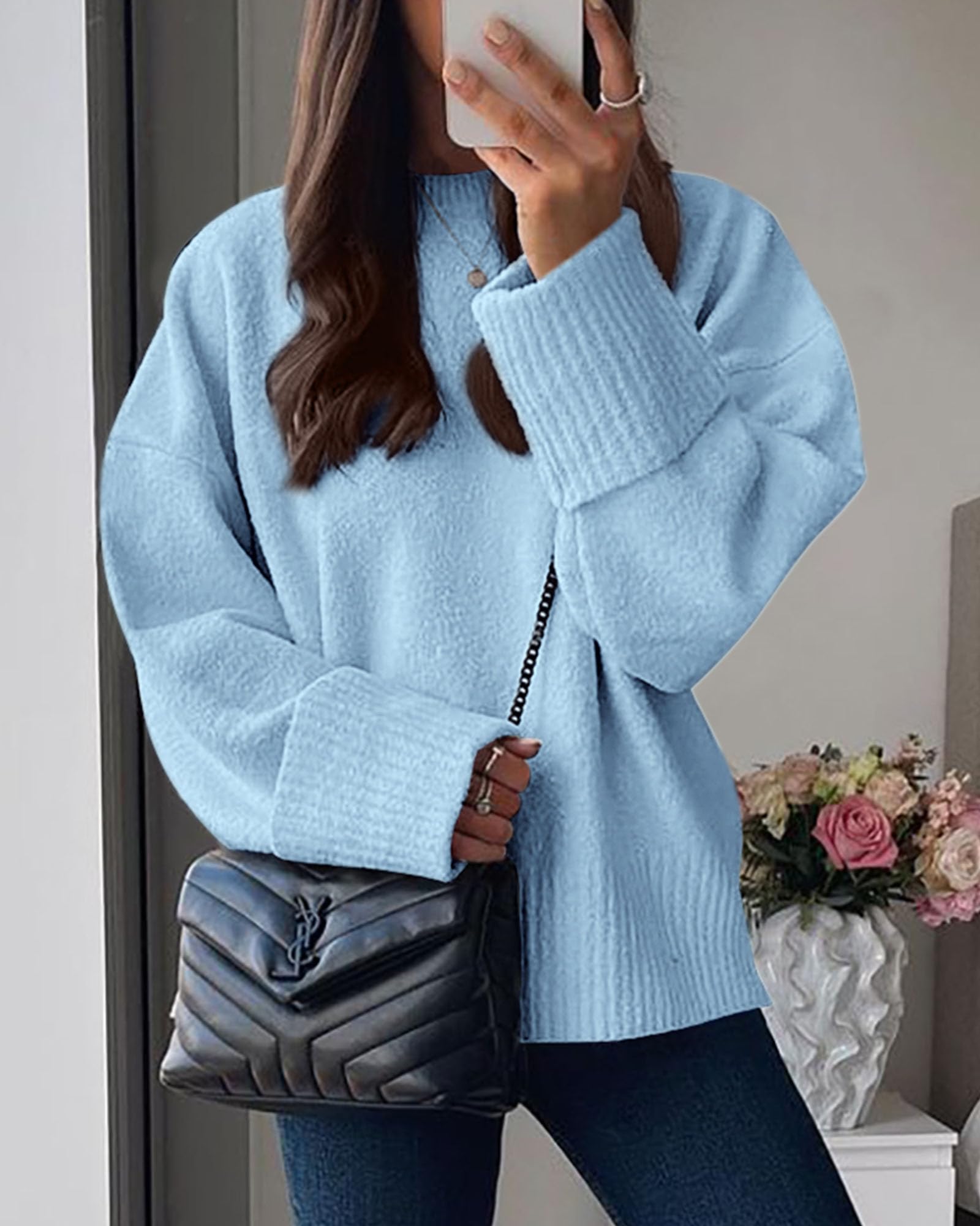 Women's Fall Fashion Cozy Oversized Sweaters(Light Blue,XS)
