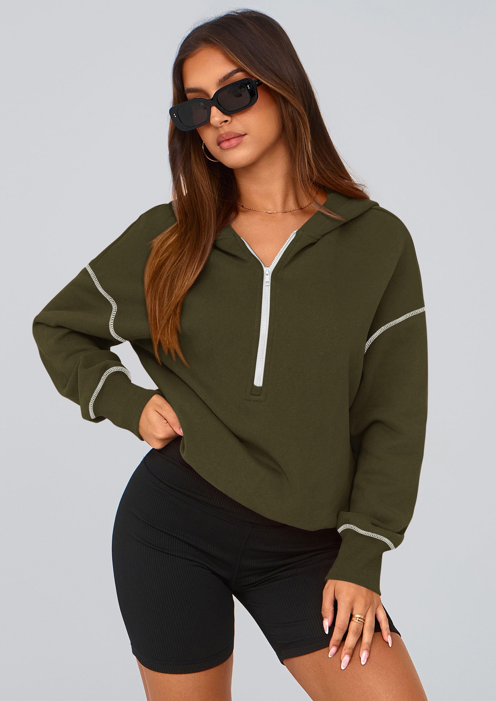 Women's Fall Half Zip Cropped Hoodie Sweatshirt Army Green