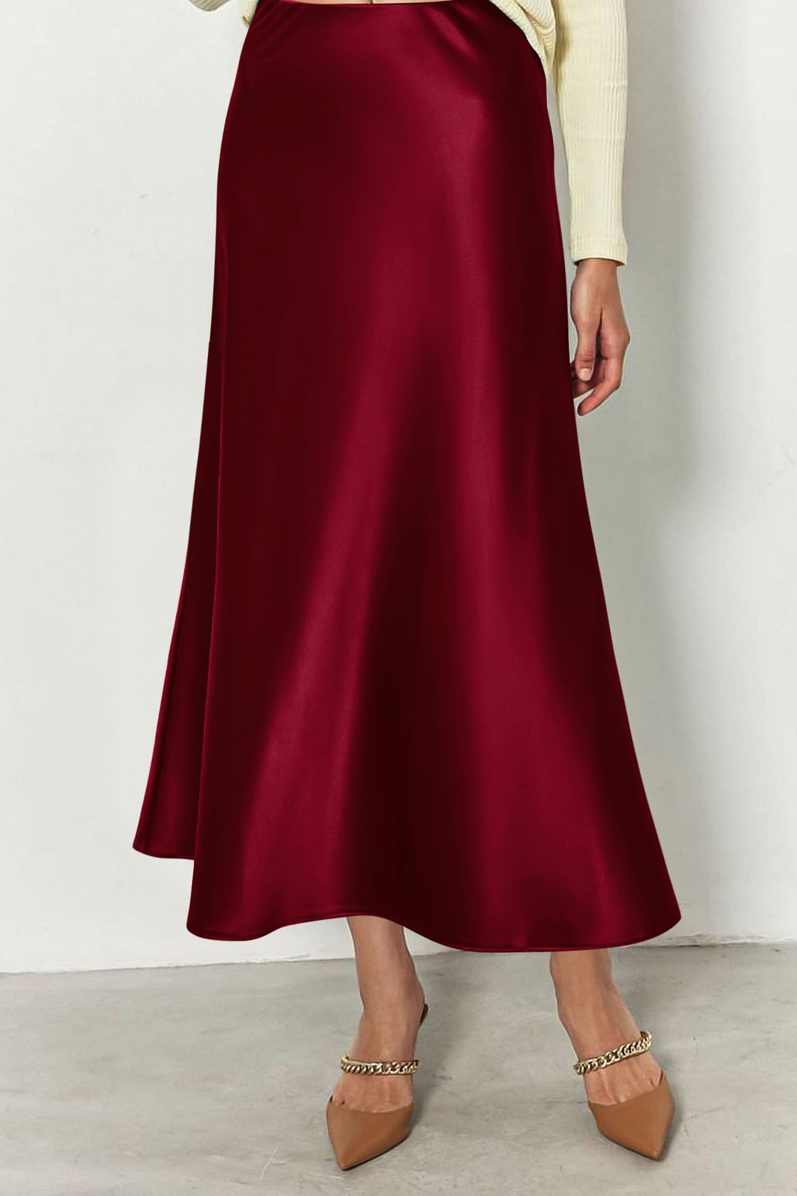 Women's Satin Midi Skirts Dressy Casual,Wine Red,S