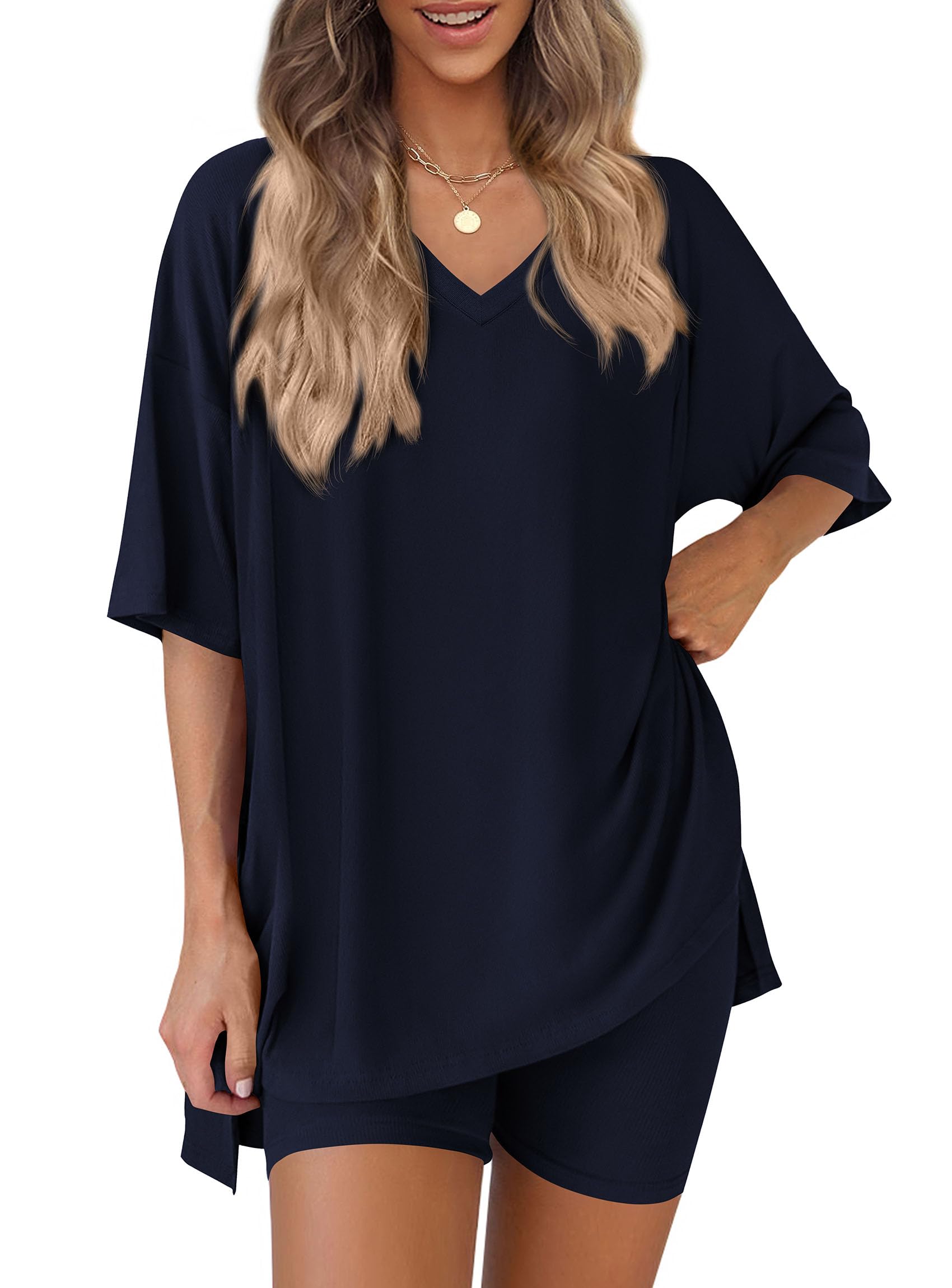 Womens 2 Piece Outfit Lounge Short Sets,Navy,S