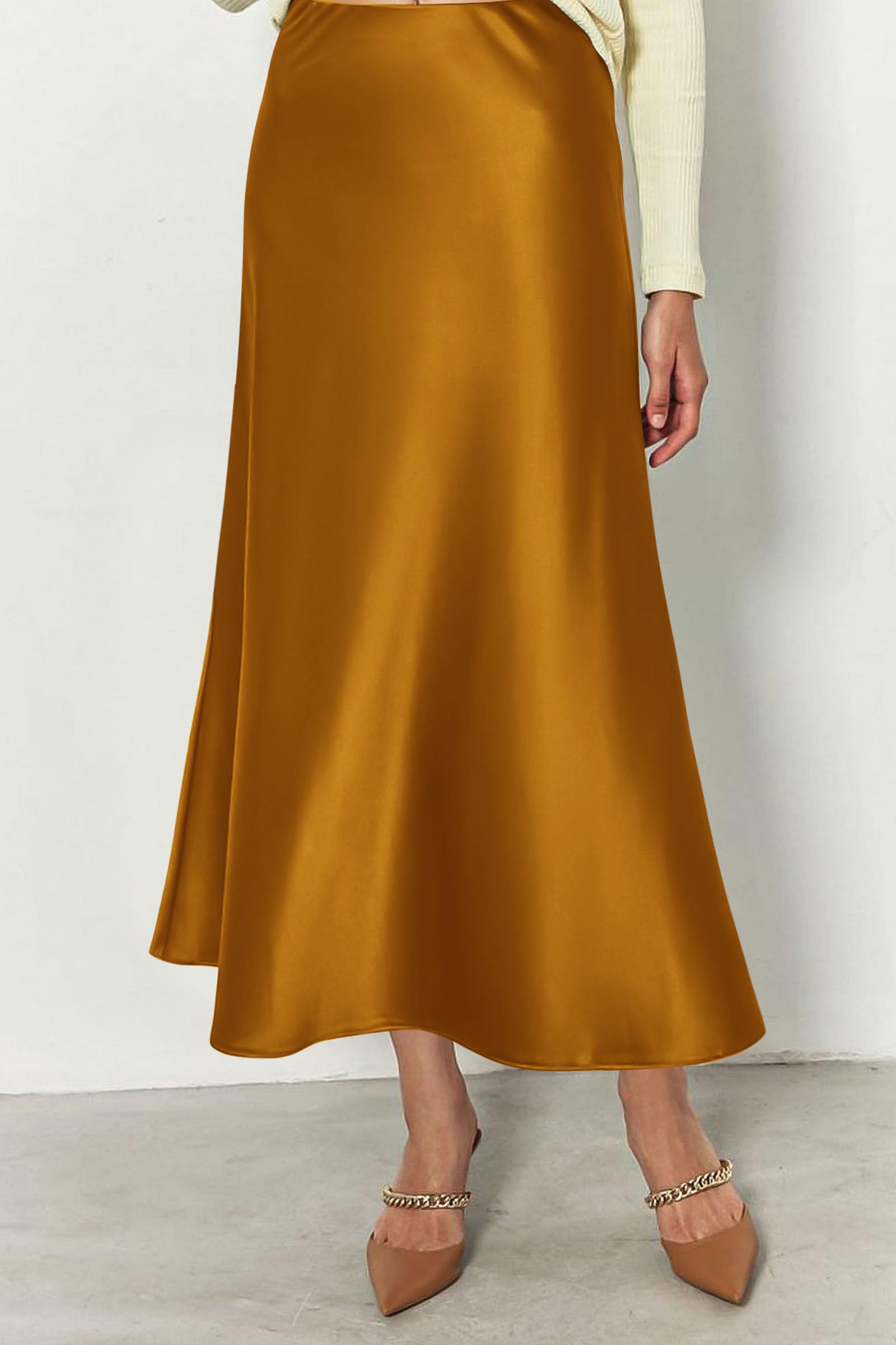Women's Satin Midi Skirts Dressy Casual,Brown Yellow,S