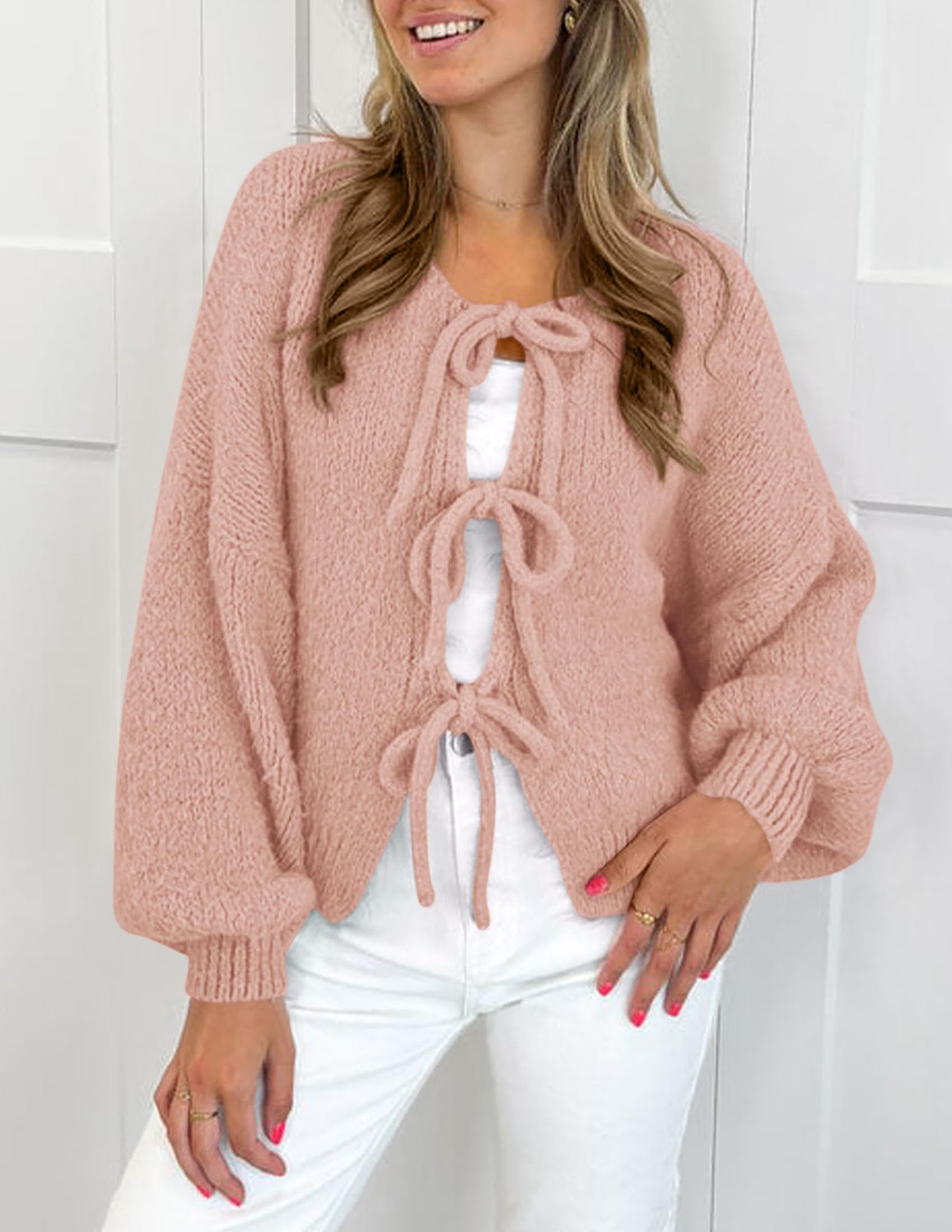 Women's Tie Front Bow Cardigan Sweaters(Pink,Small)