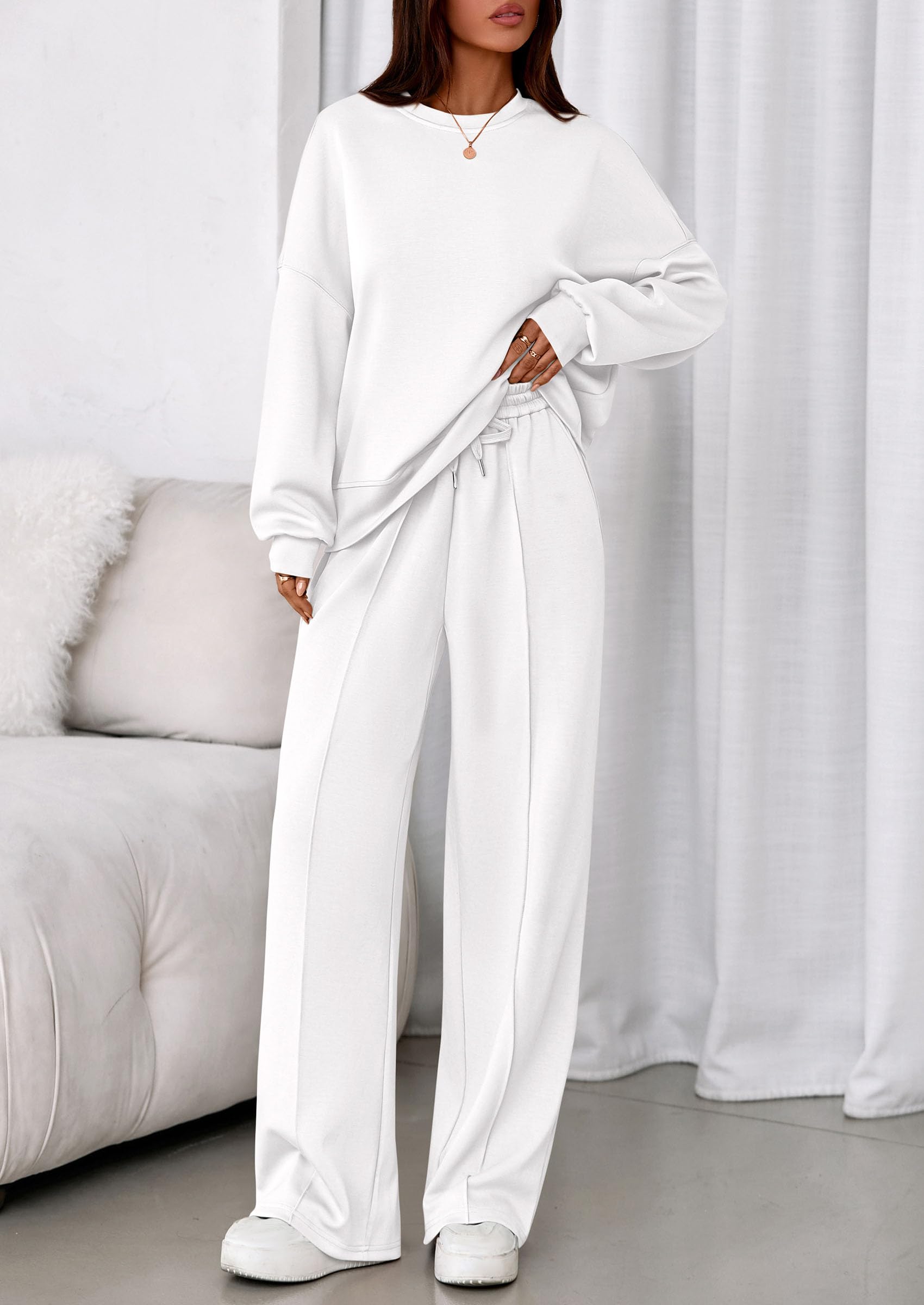 Womens Long Sleeve Sweatshirt 2 Piece Sets,White,S