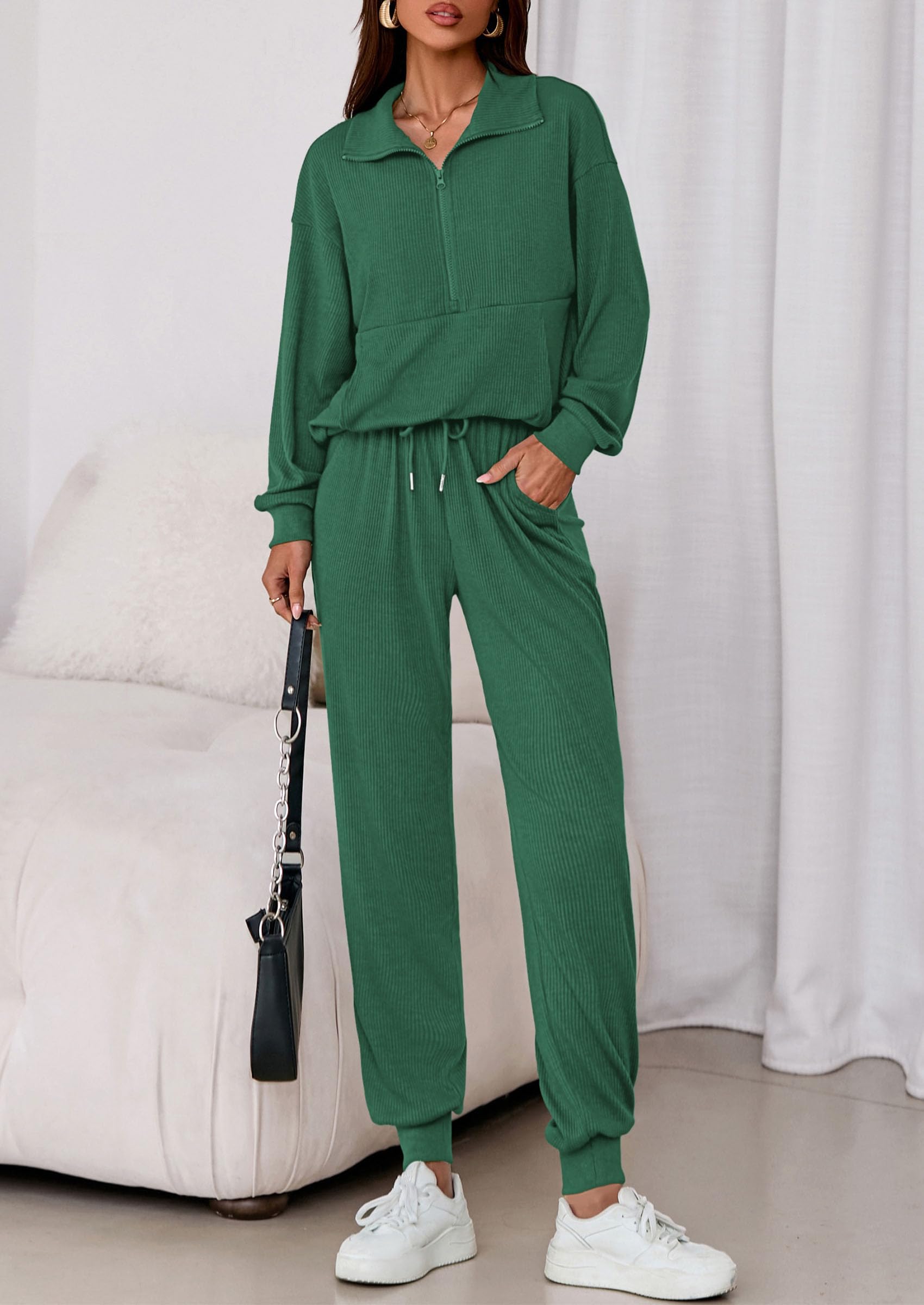Airport Travel Outfit Women Ribbed Knit Matching Lounge Sets