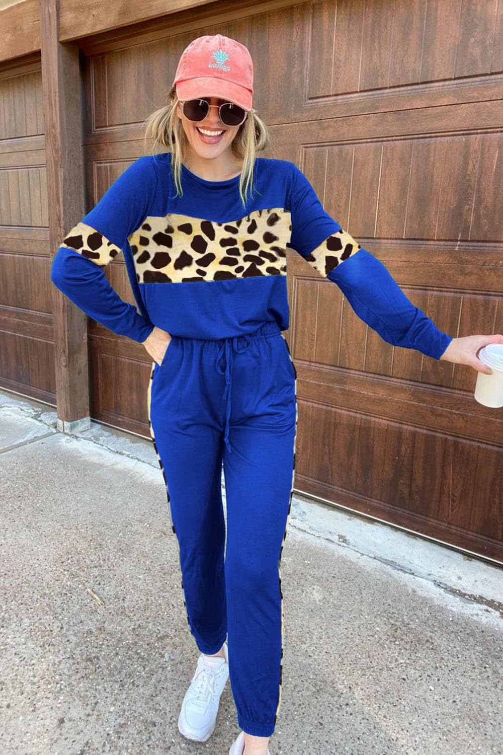 Women Color Block 2 Piece Sets Tracksuit,Leopard Blue,S