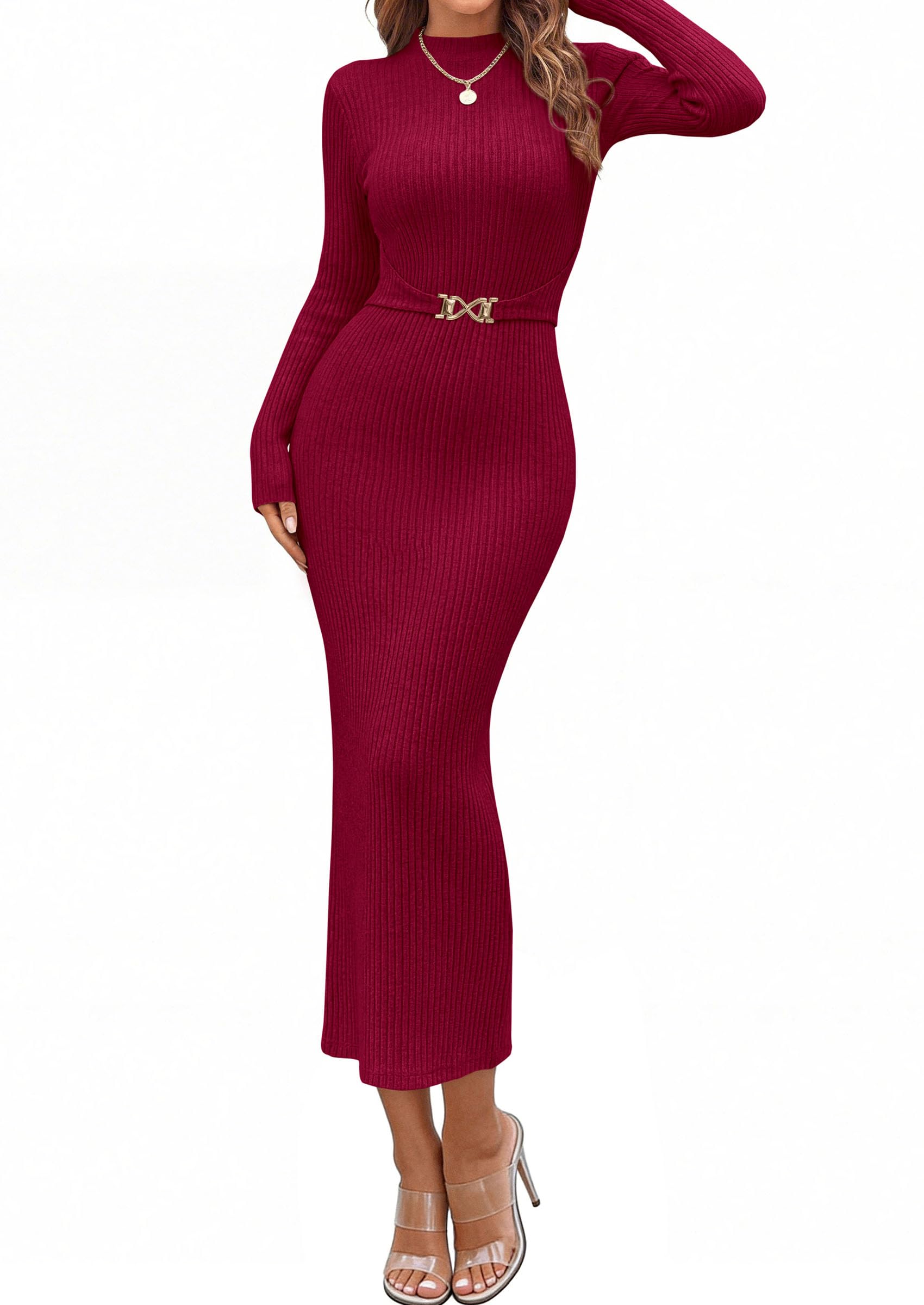 Women's Long Sleeve Bodycon Maxi Sweater Dress Wine Red,XS