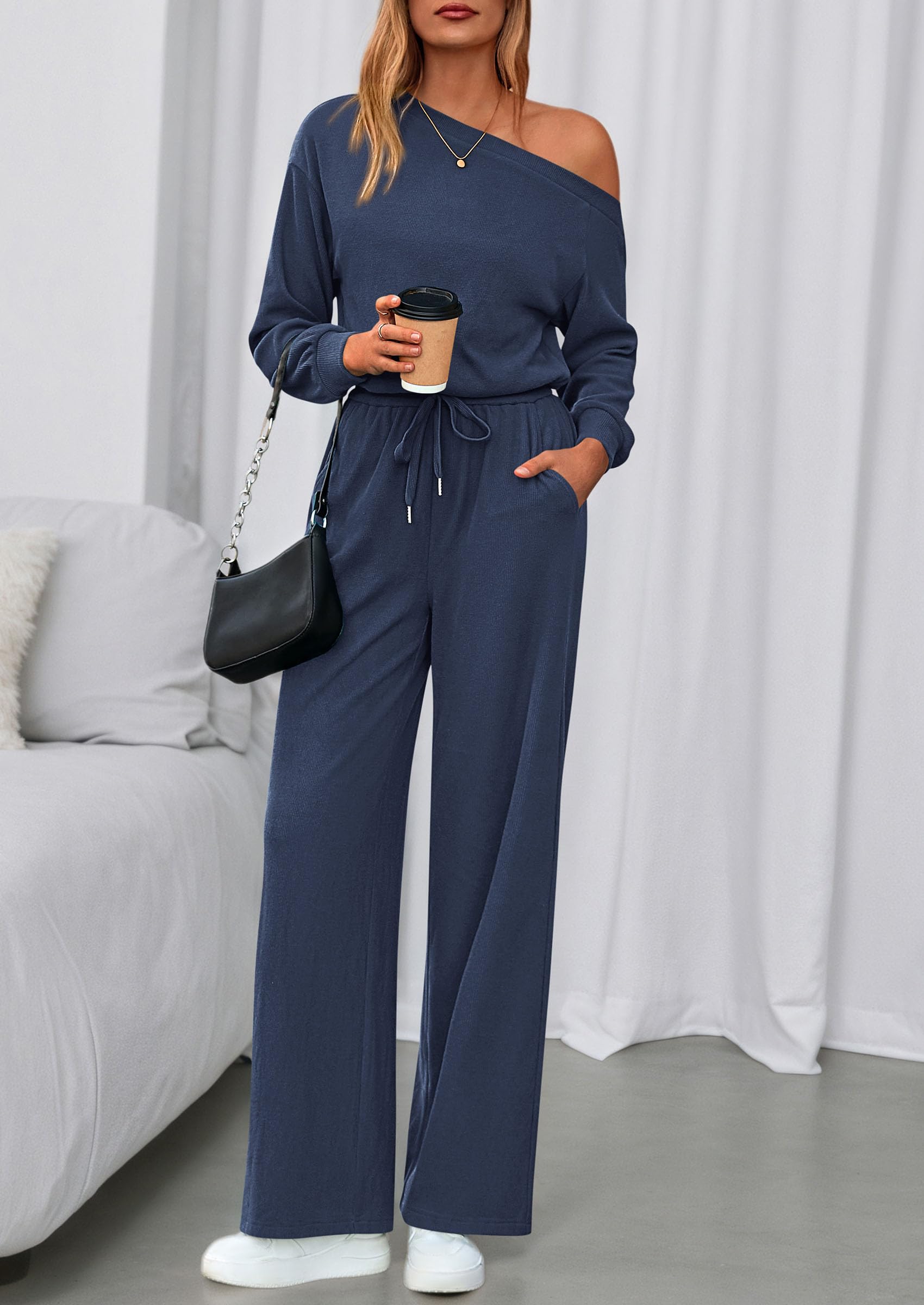 Womens Off Shoulder Long Sleeve Jumpsuit,Navy,M