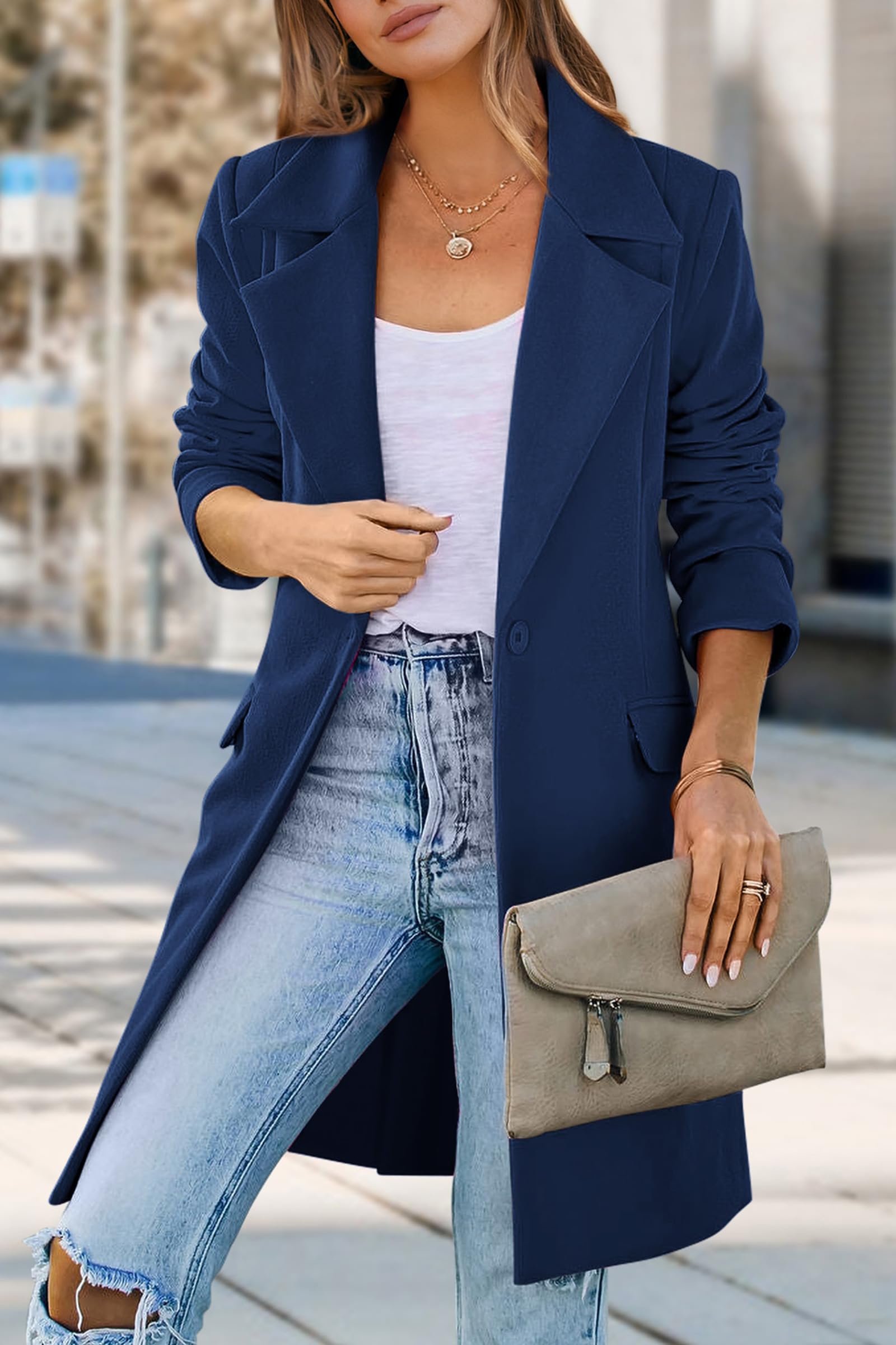 Women's Business Casual Long Blazer Jackets(Navy,S)
