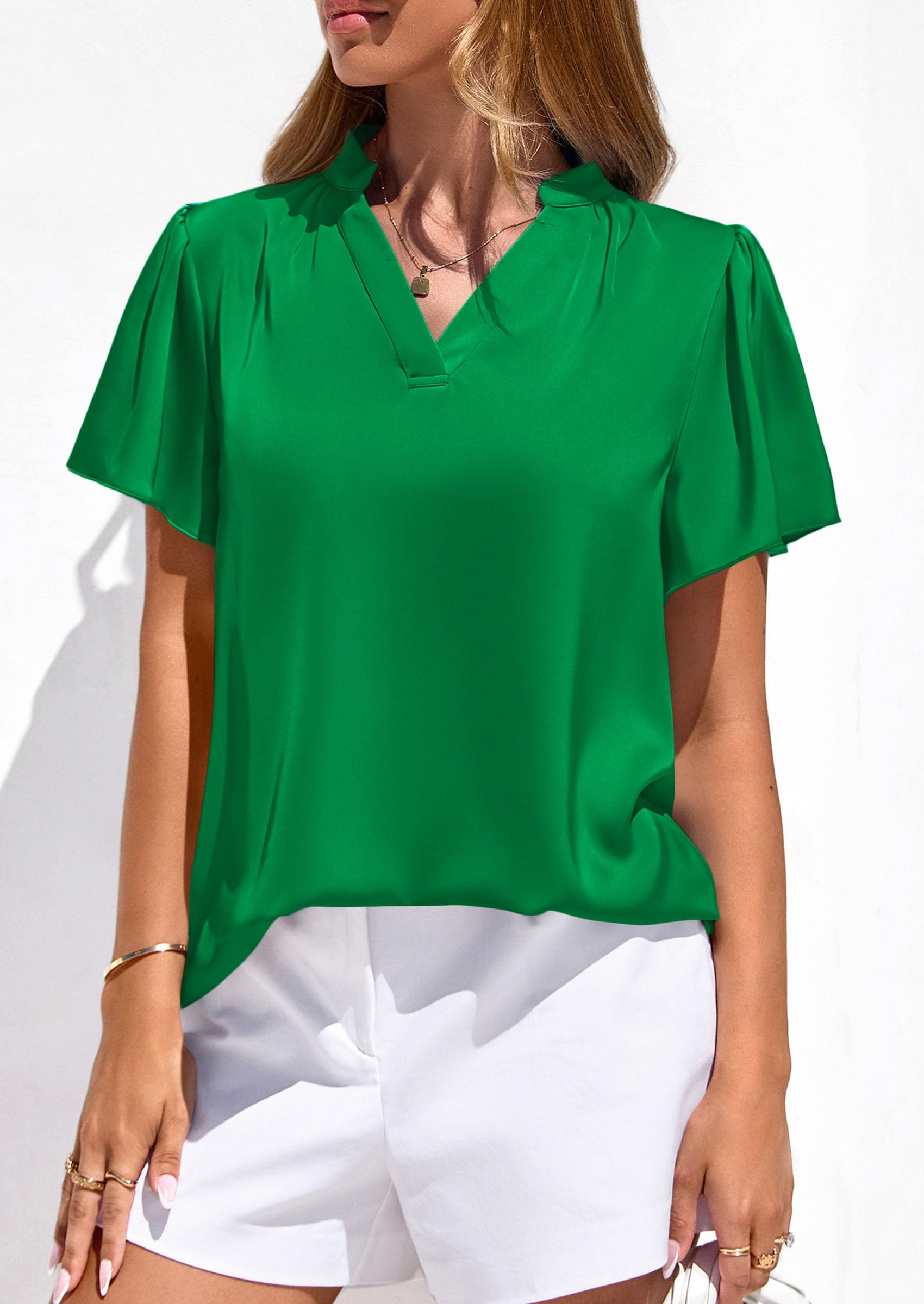 Women's Summer Satin Dressy Casual Blouses (Green,S)