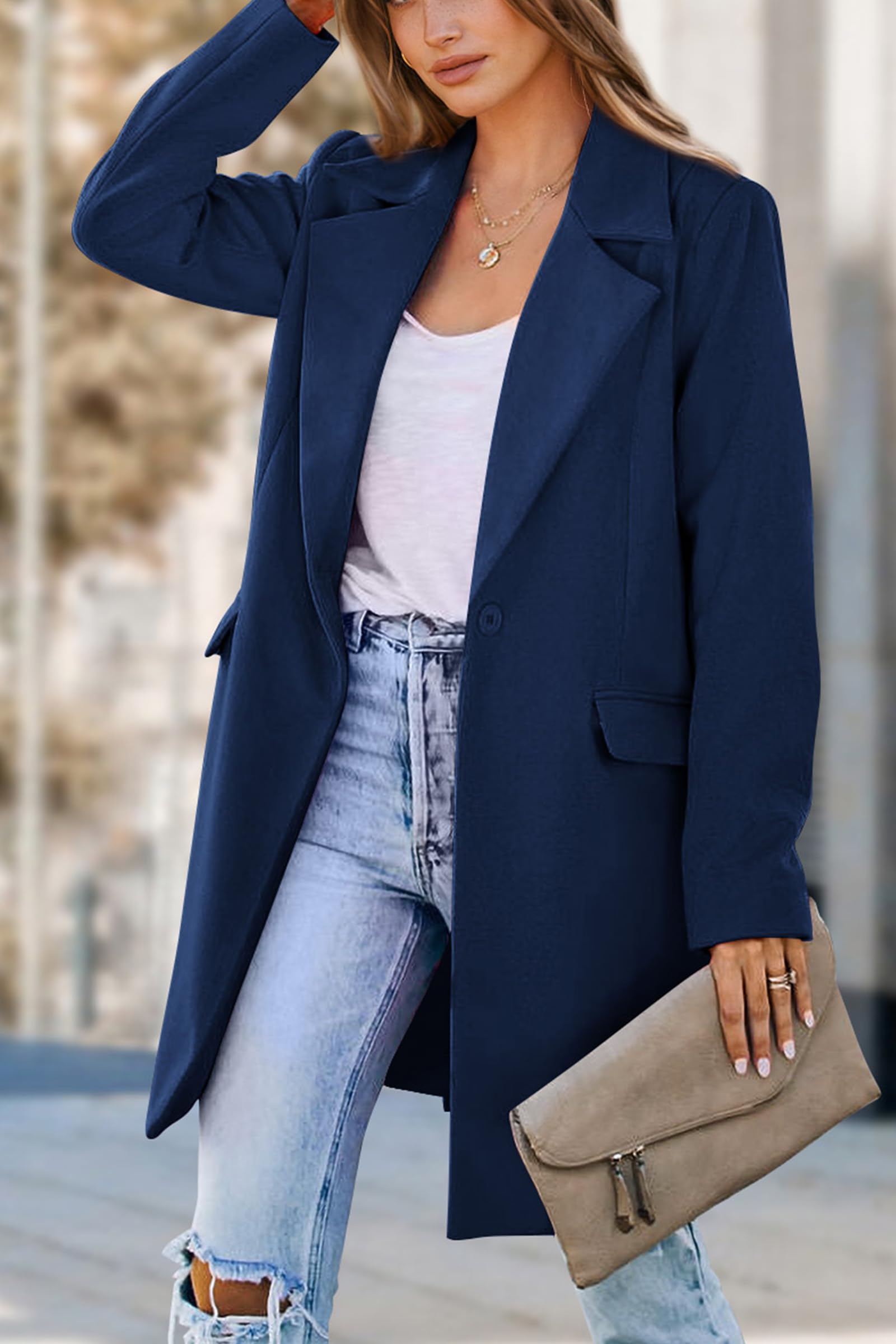 Women's Business Casual Long Blazer Jackets(Navy,S)