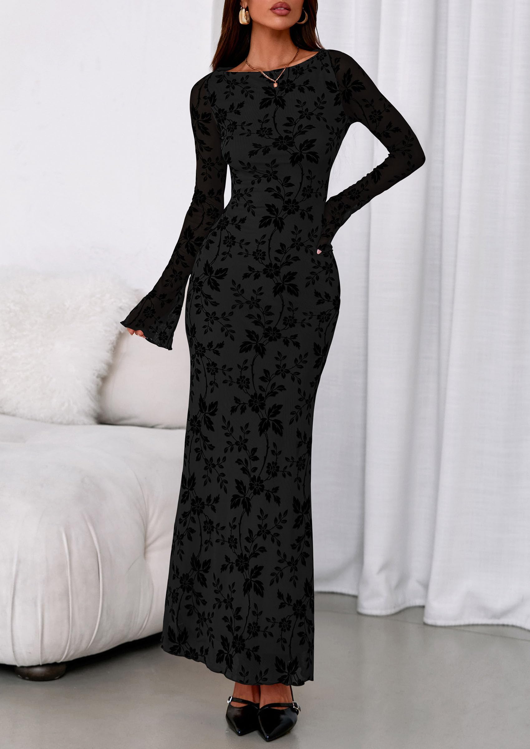 Women's Floral Bodycon Maxi Dress Wedding Guest Dresses Black