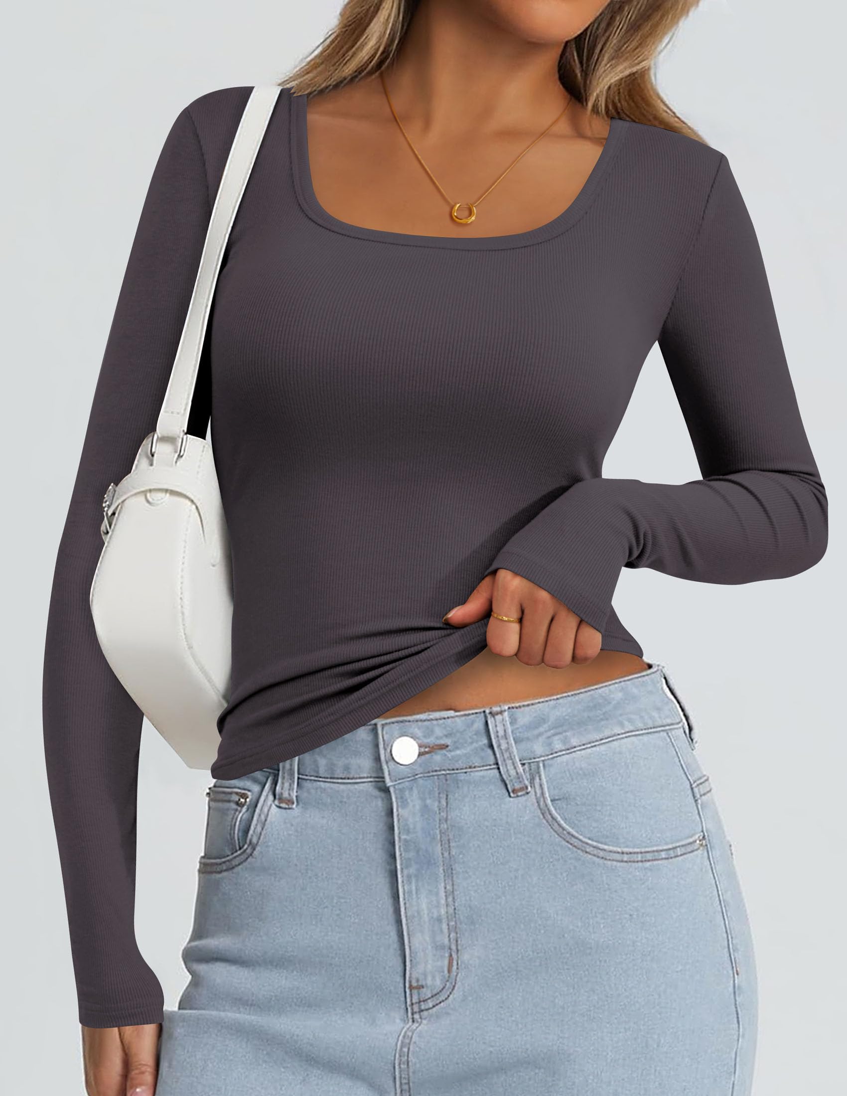 Square Neck Long Sleeve Shirts for Women Dark Grey,XS
