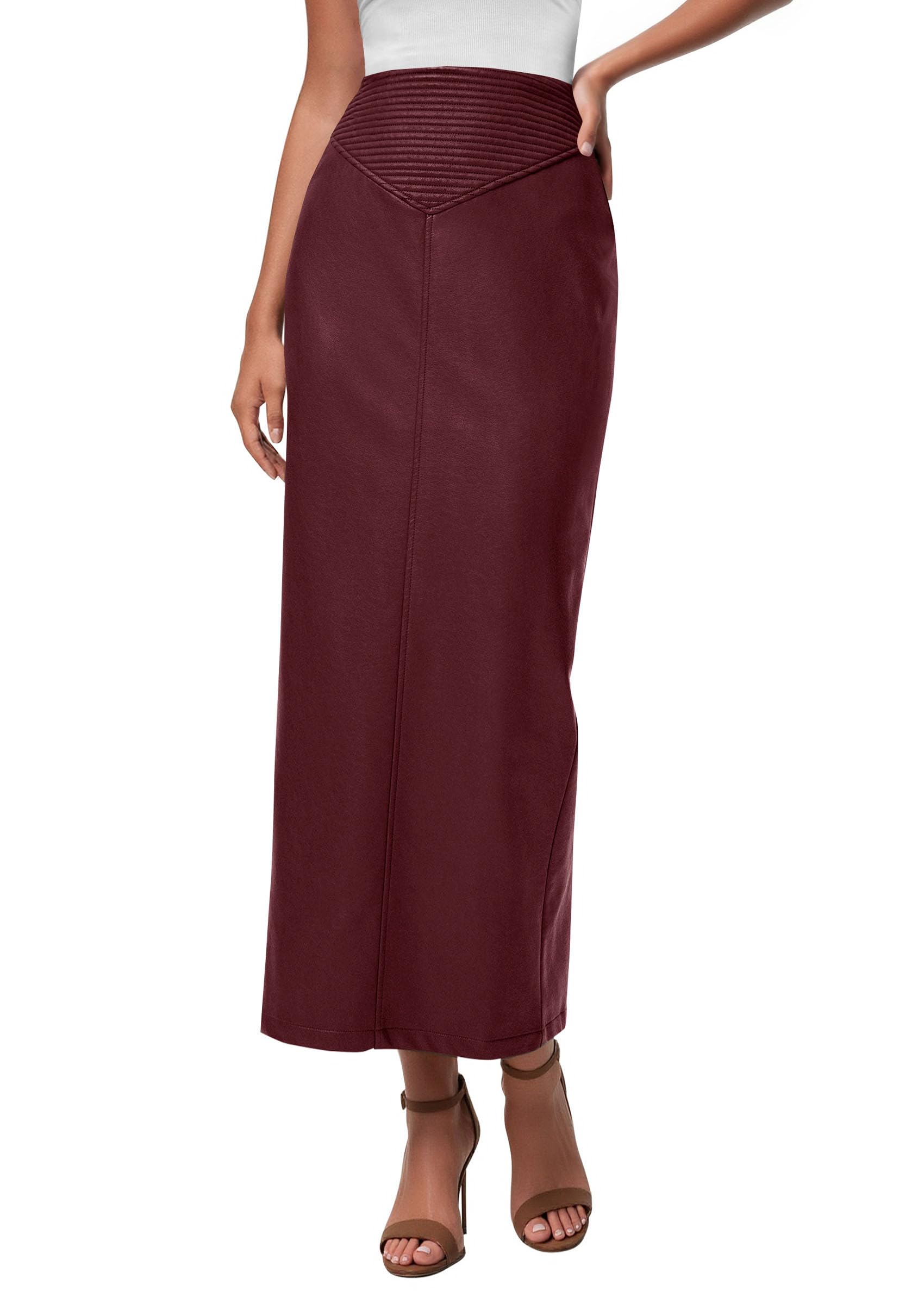 Women's Faux Leather High Waisted Maxi Skirts,Burgundy,XS