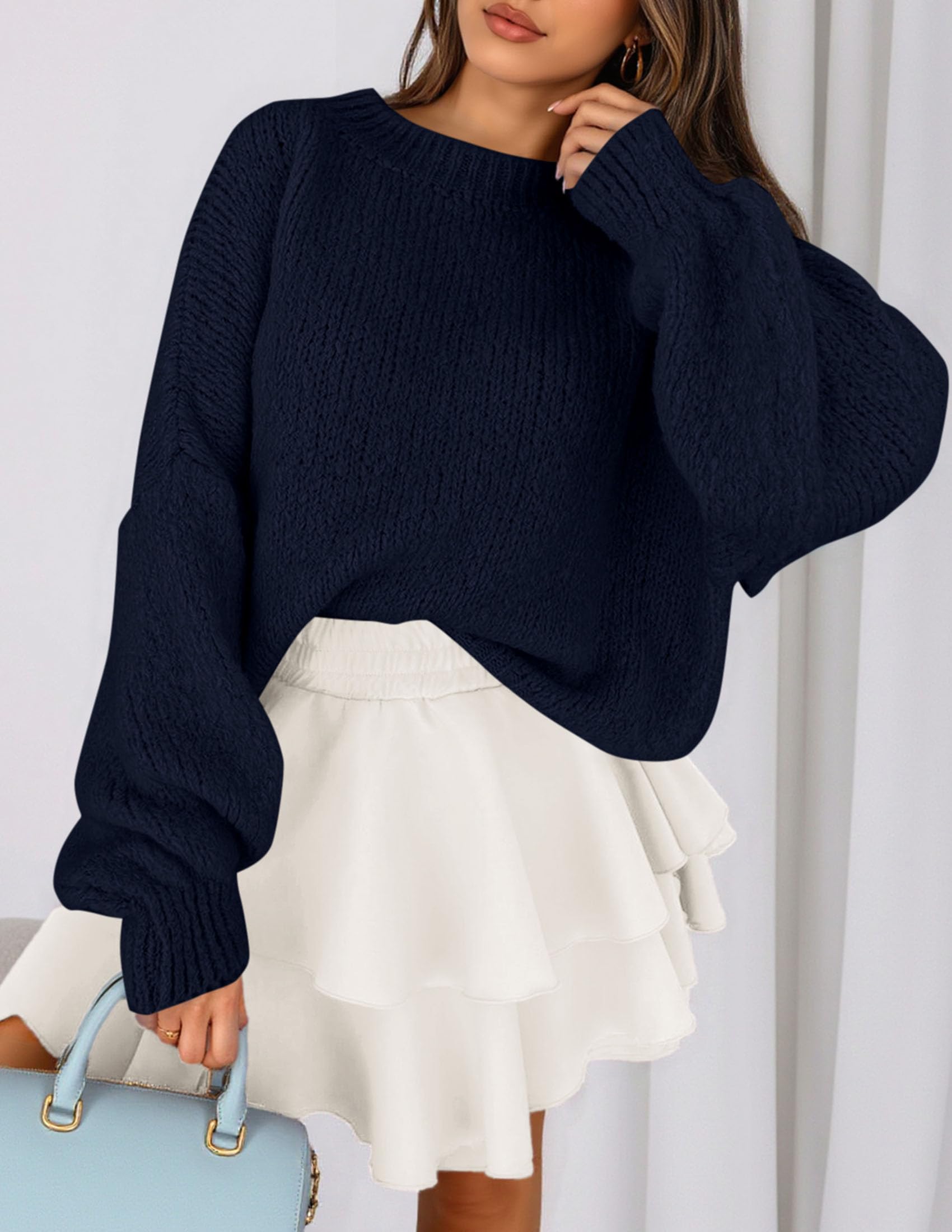 Women's Chunky Knit Oversized Pullover Sweaters,Navy Blue,S