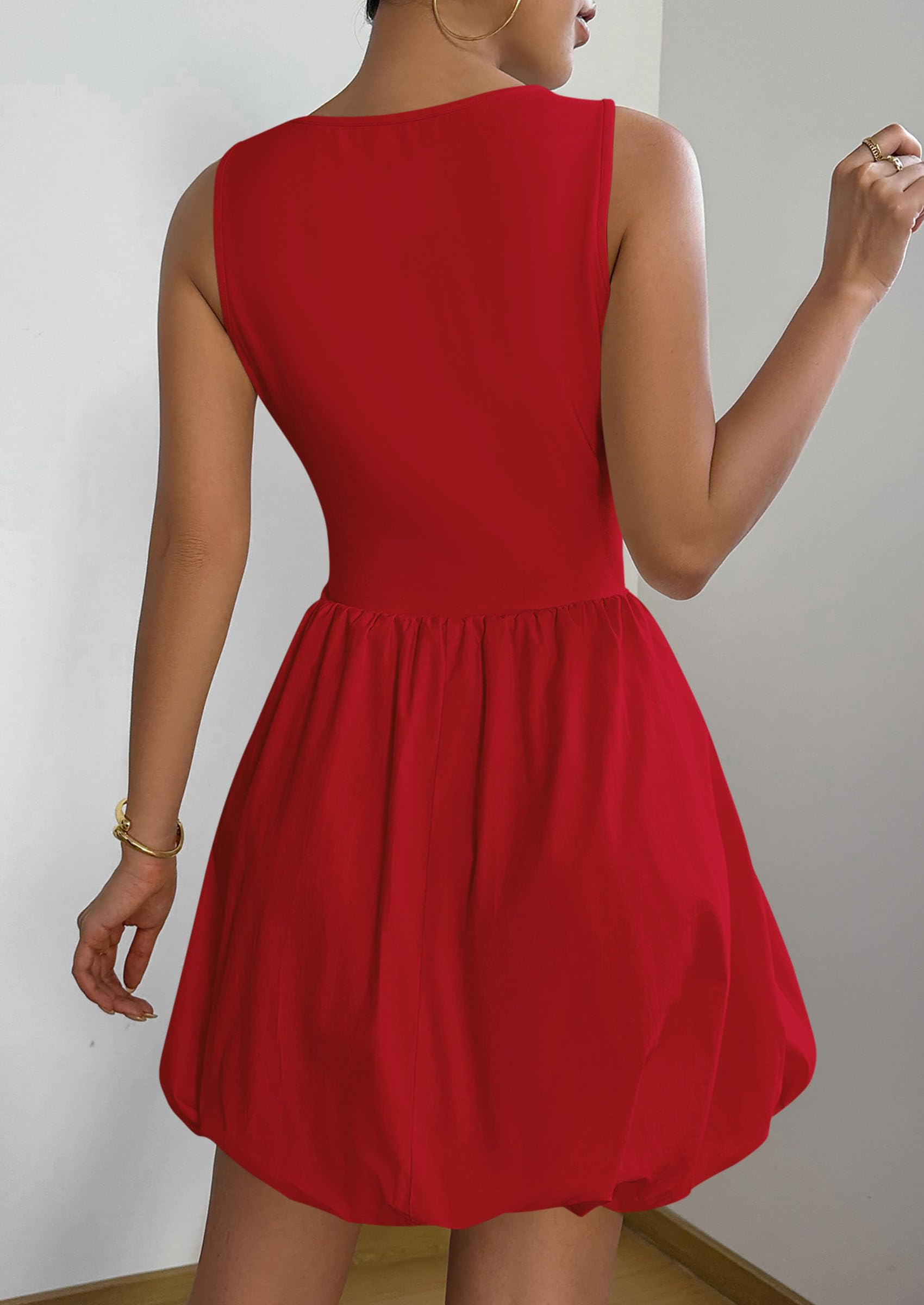 Womens Summer Bubble Sleeveless Mini Dress,Red,S