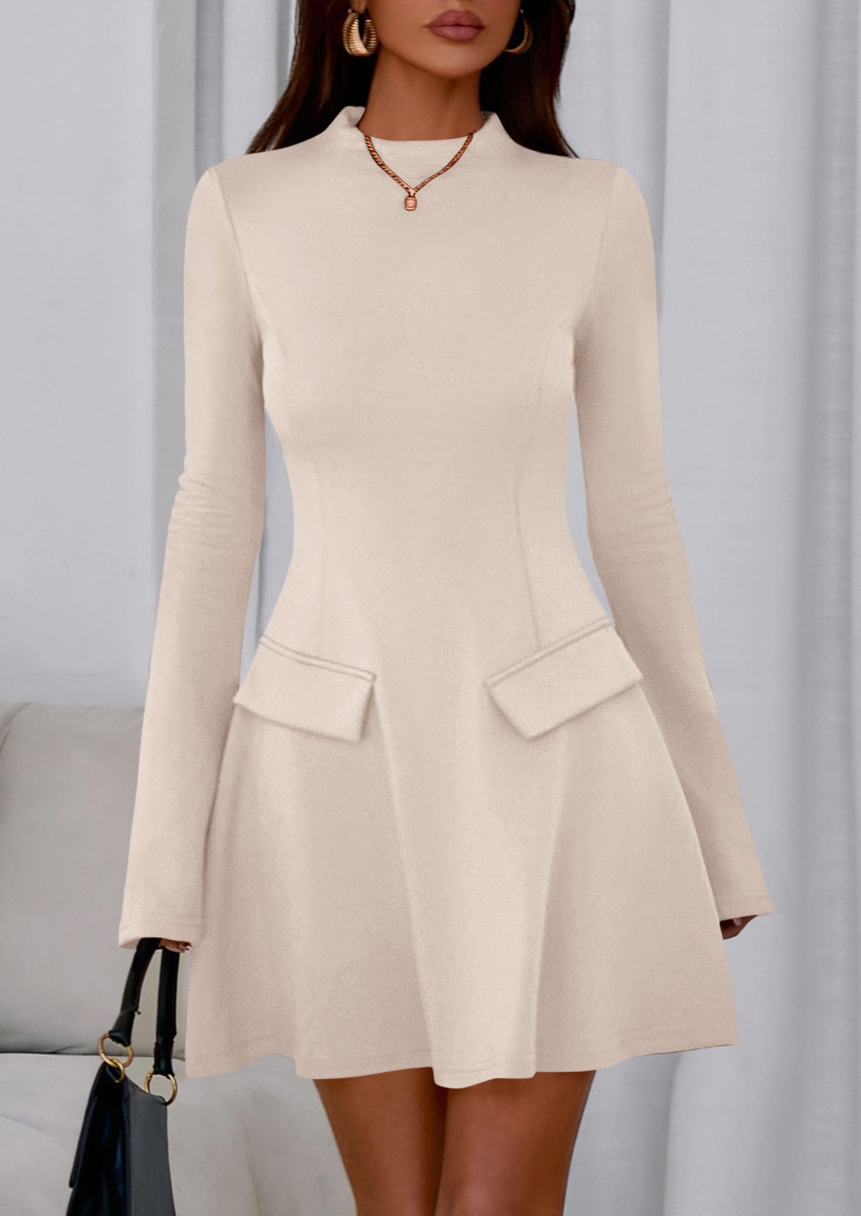Women's Fall Bell Sleeve Short Dress,Beige Apricot,L