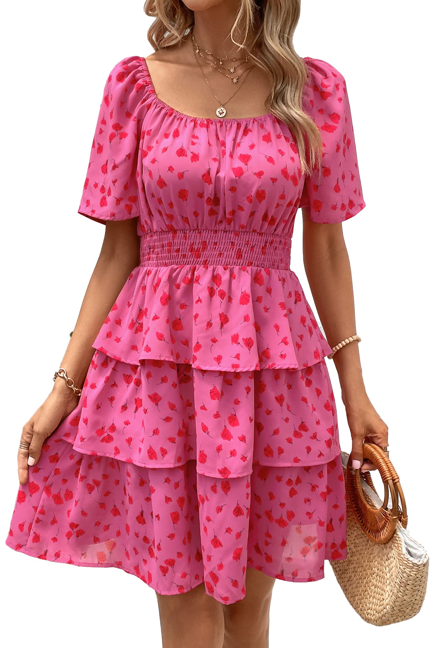 Women's Summer Floral Ruffle Short Dress Red Floral,S