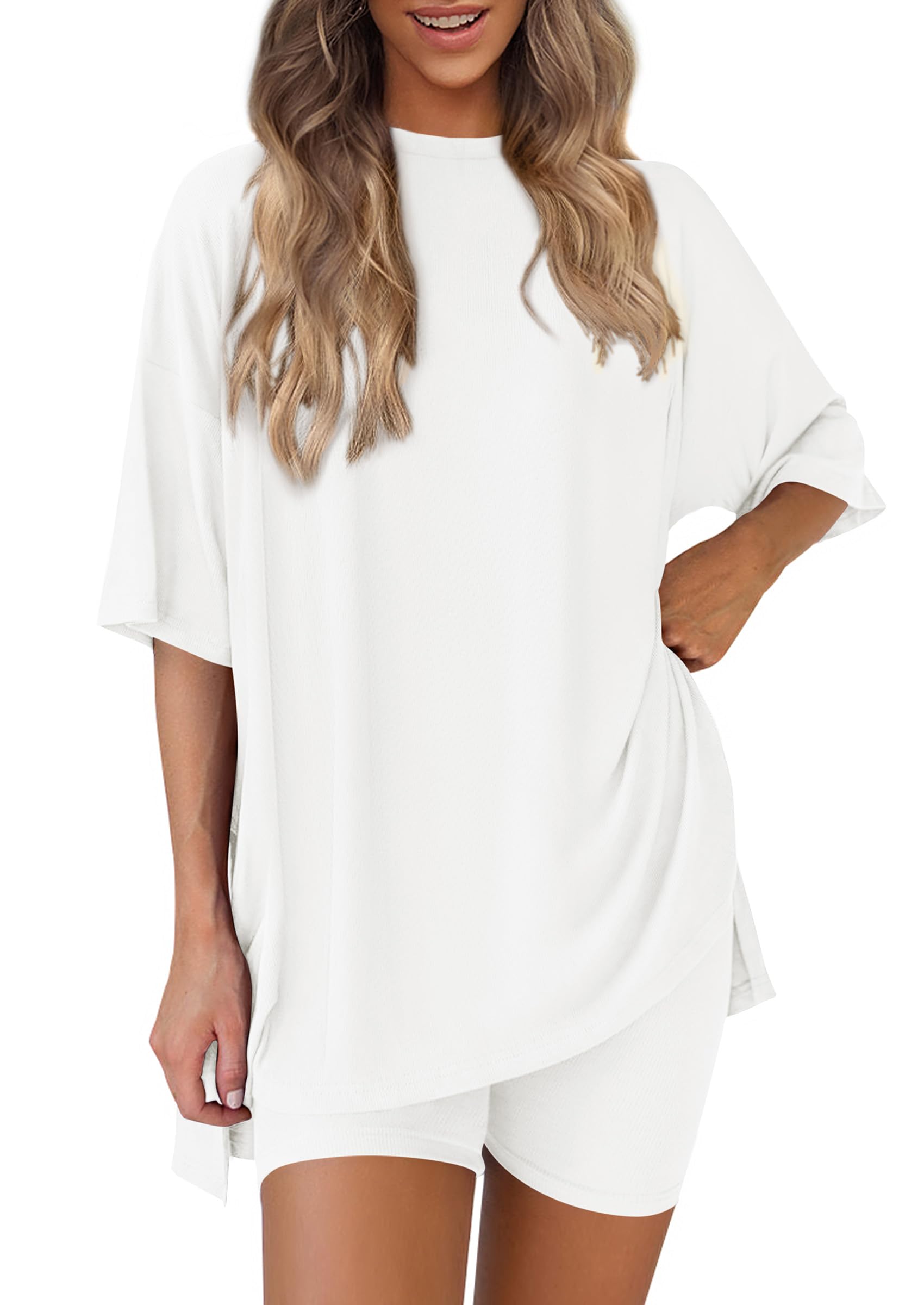 Women 2 Piece Lounge Set Airport Travel Outfit, White,S