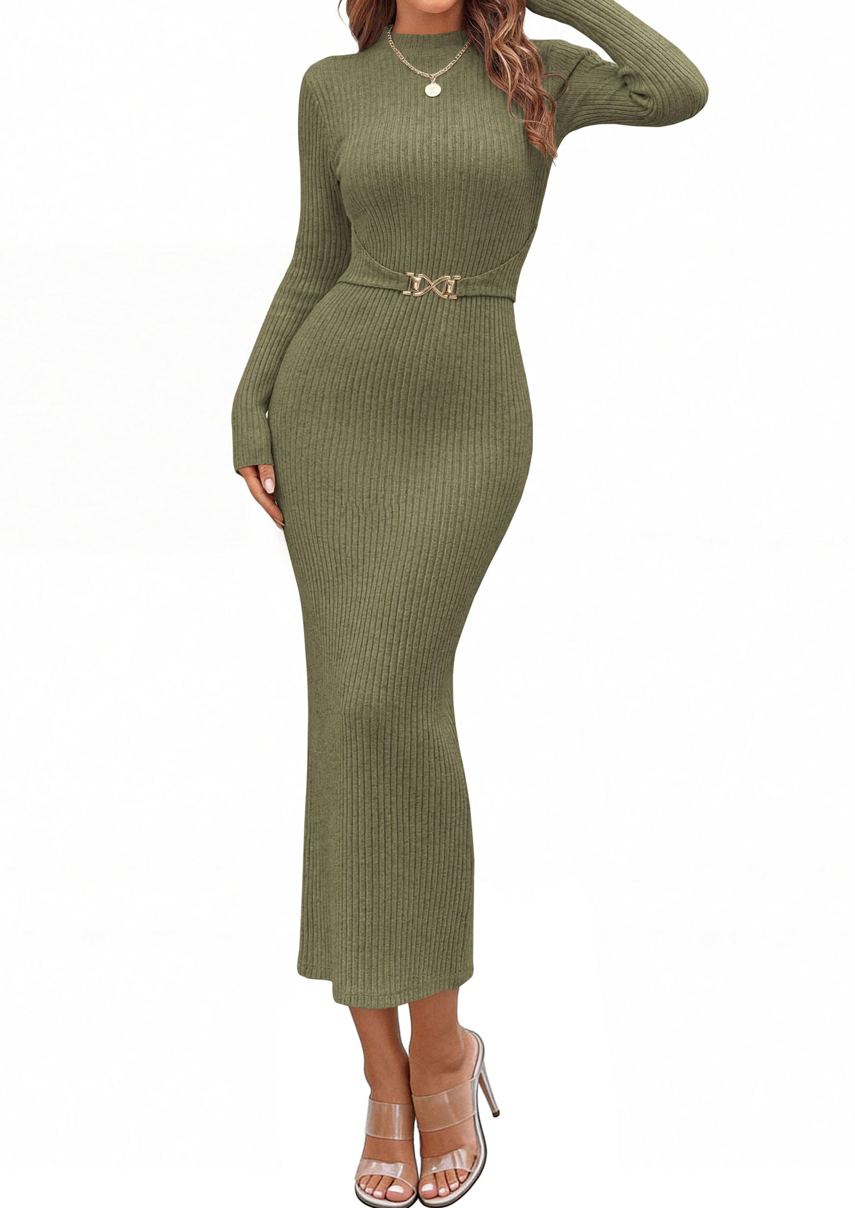 Women's Long Sleeve Bodycon Maxi Sweater Dress Army Green,L