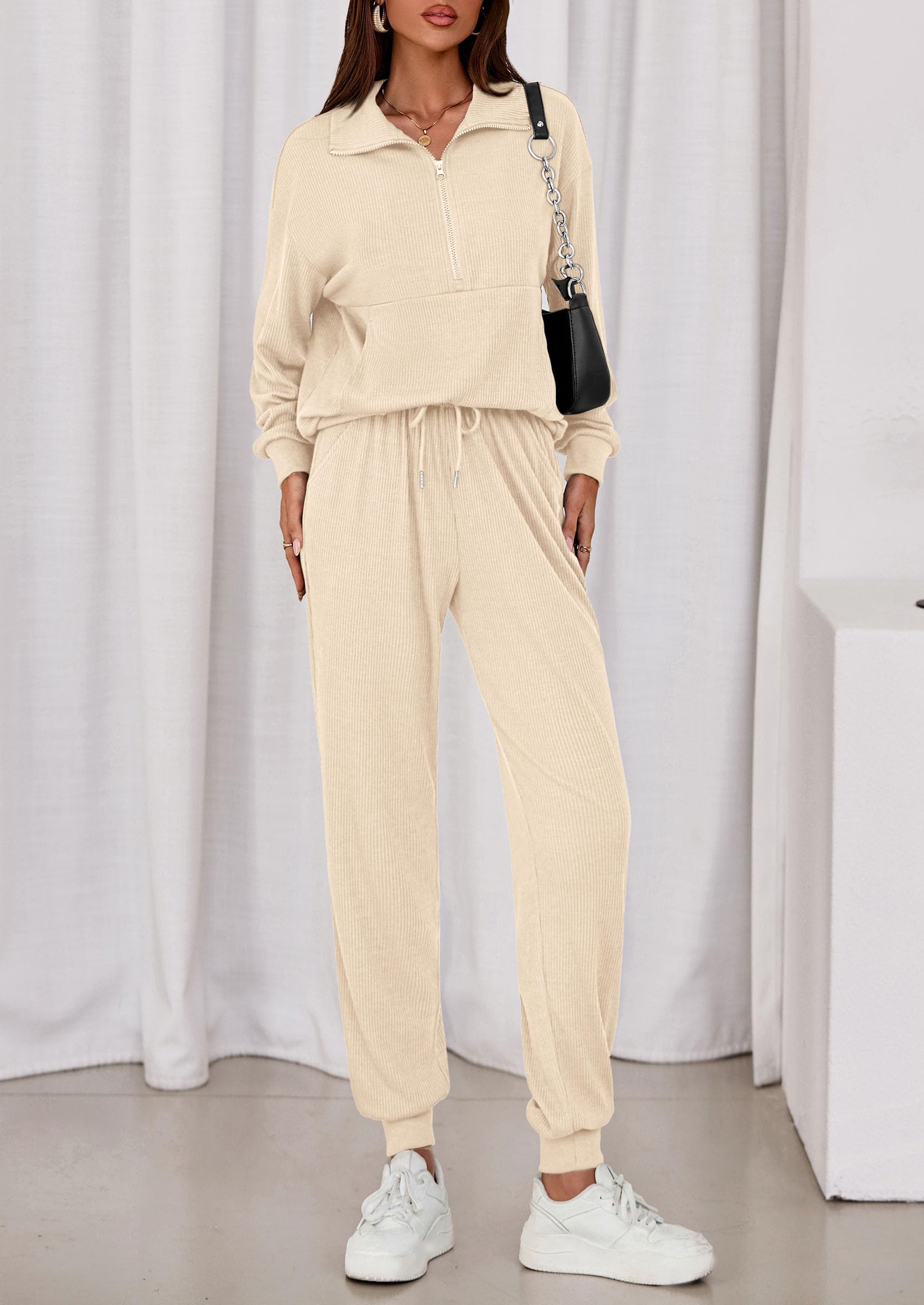 Airport Travel Outfit Women Ribbed Knit Matching Lounge Sets