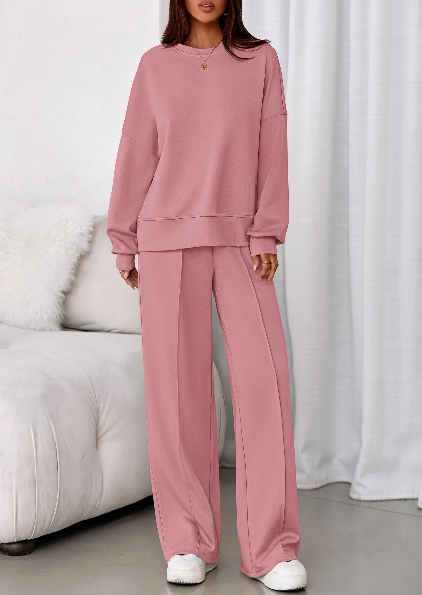 Womens Long Sleeve Sweatshirt 2 Piece Sets,Pink,S