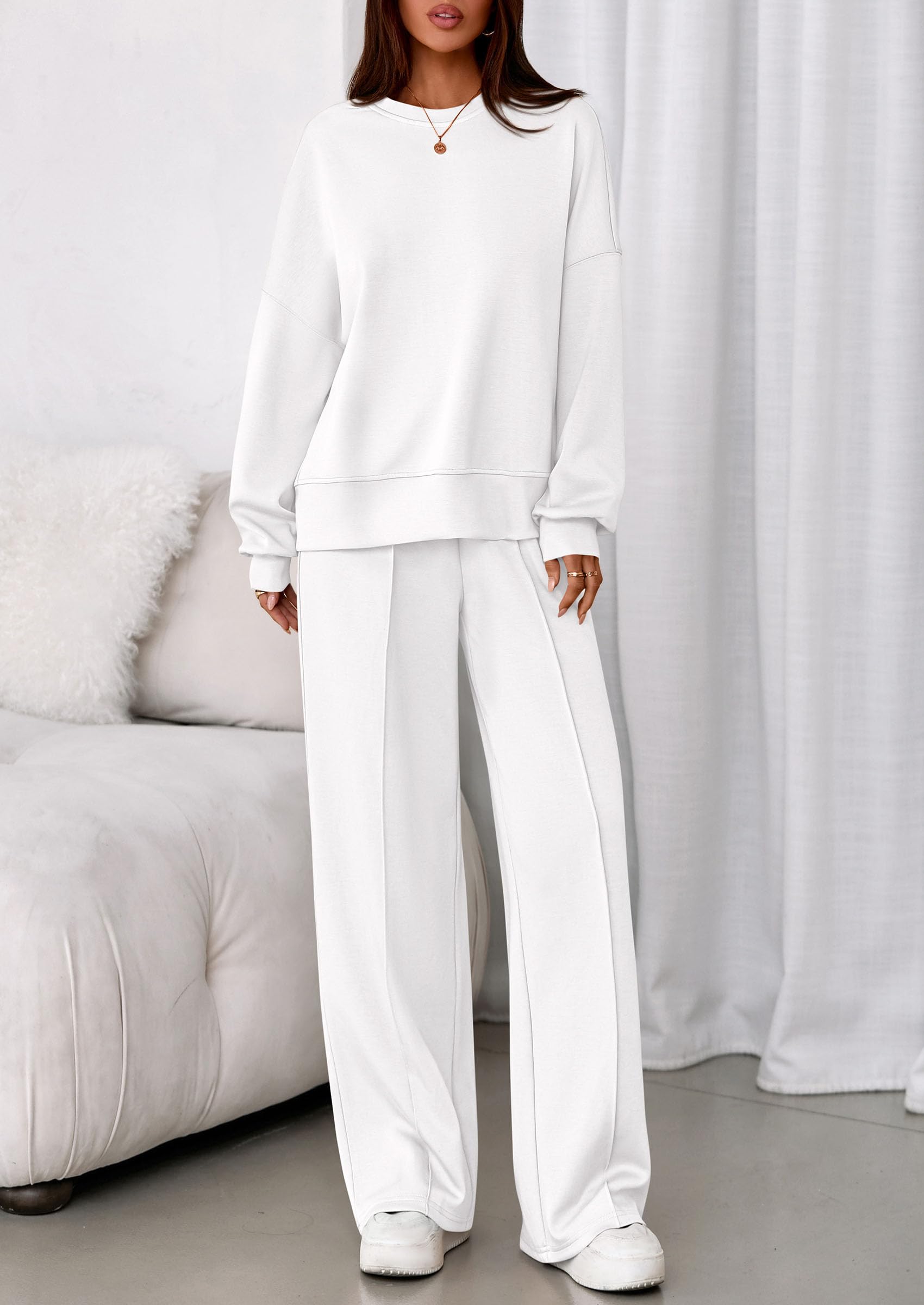 Womens Long Sleeve Sweatshirt 2 Piece Sets,White,S