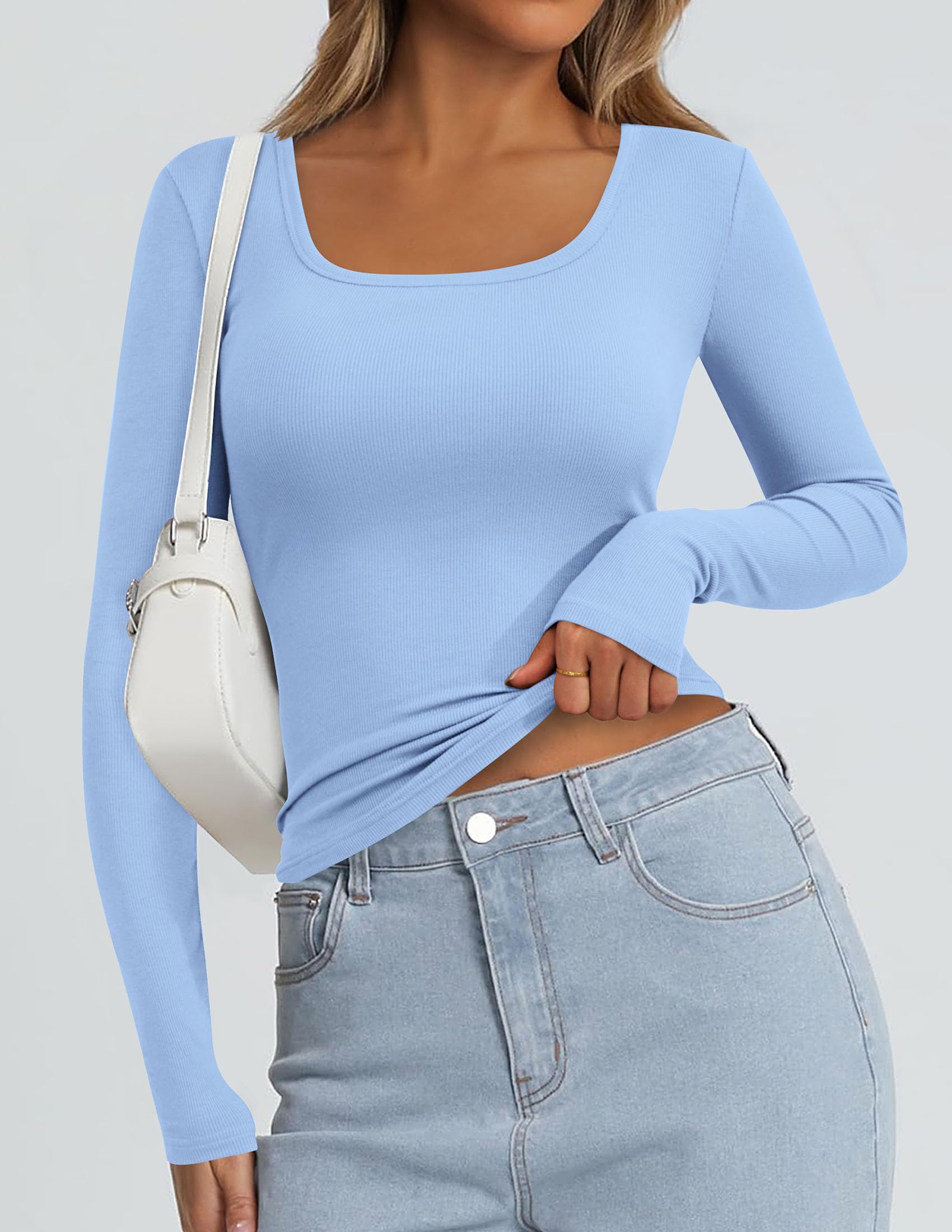 Square Neck Long Sleeve Shirts for Women Light Blue,L