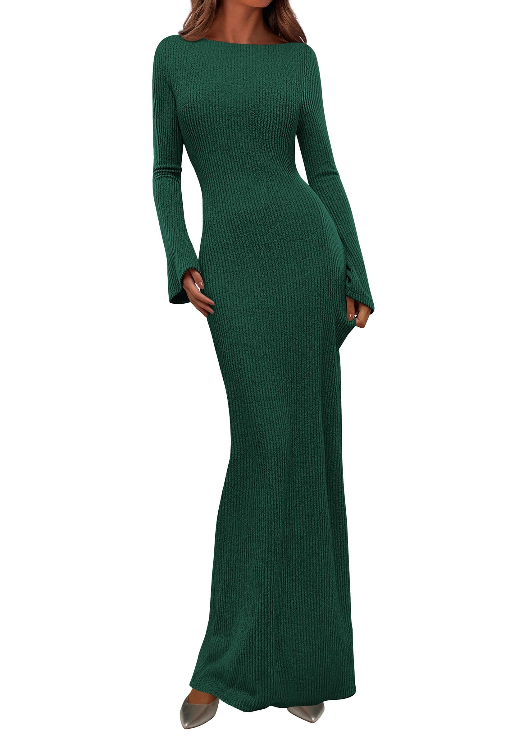 Women's Fall Long Sleeve Bodycon Maxi Dresses (Dark Green,XS)