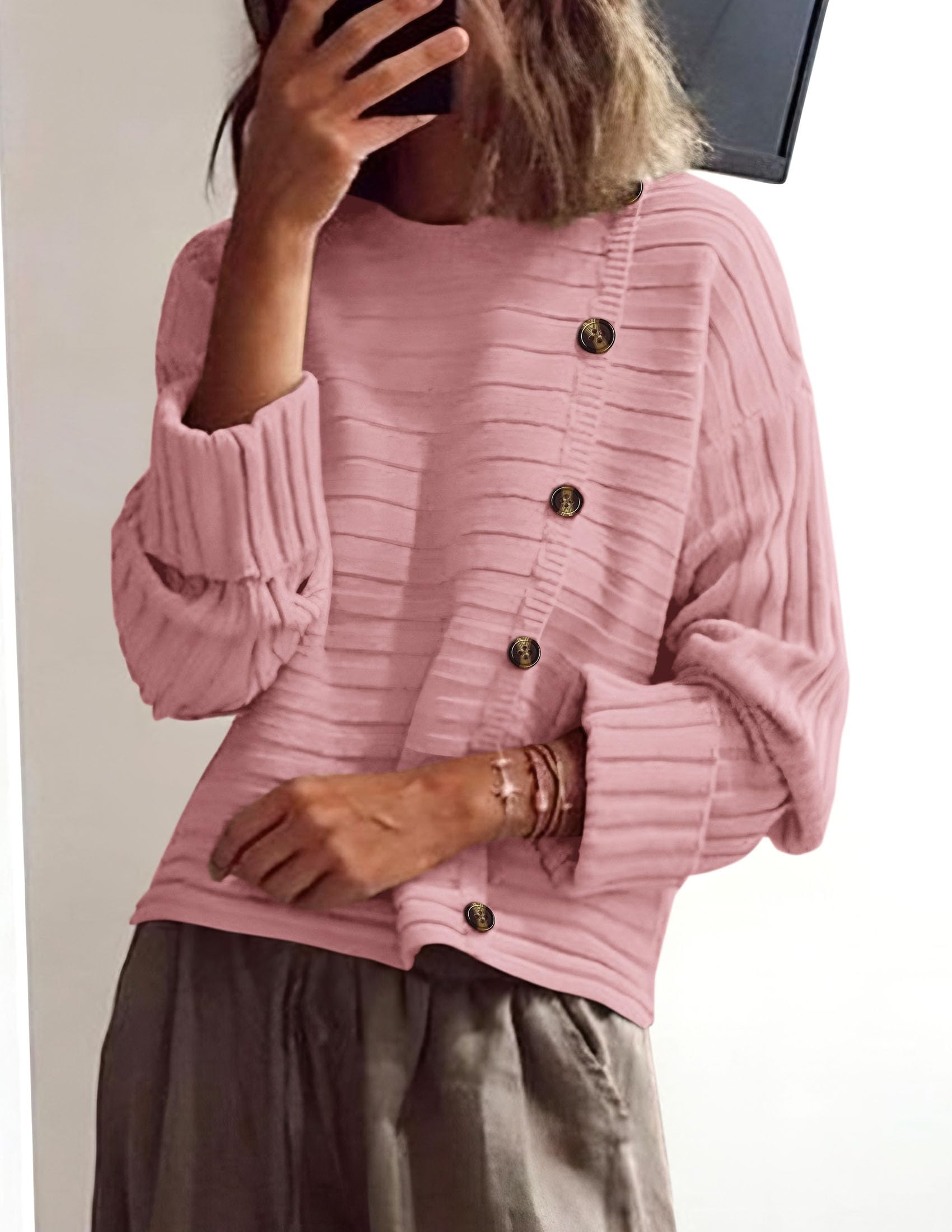 Womens Asymmetric Button Long Sleeve Sweater,Pink,M